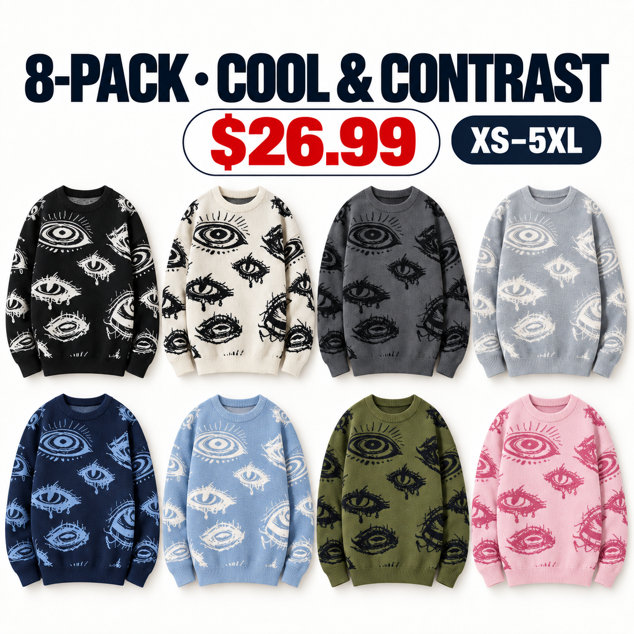 Eight eye graphic crewneck knit sweaters, 8-Pack Cool and Contrast, $26.99