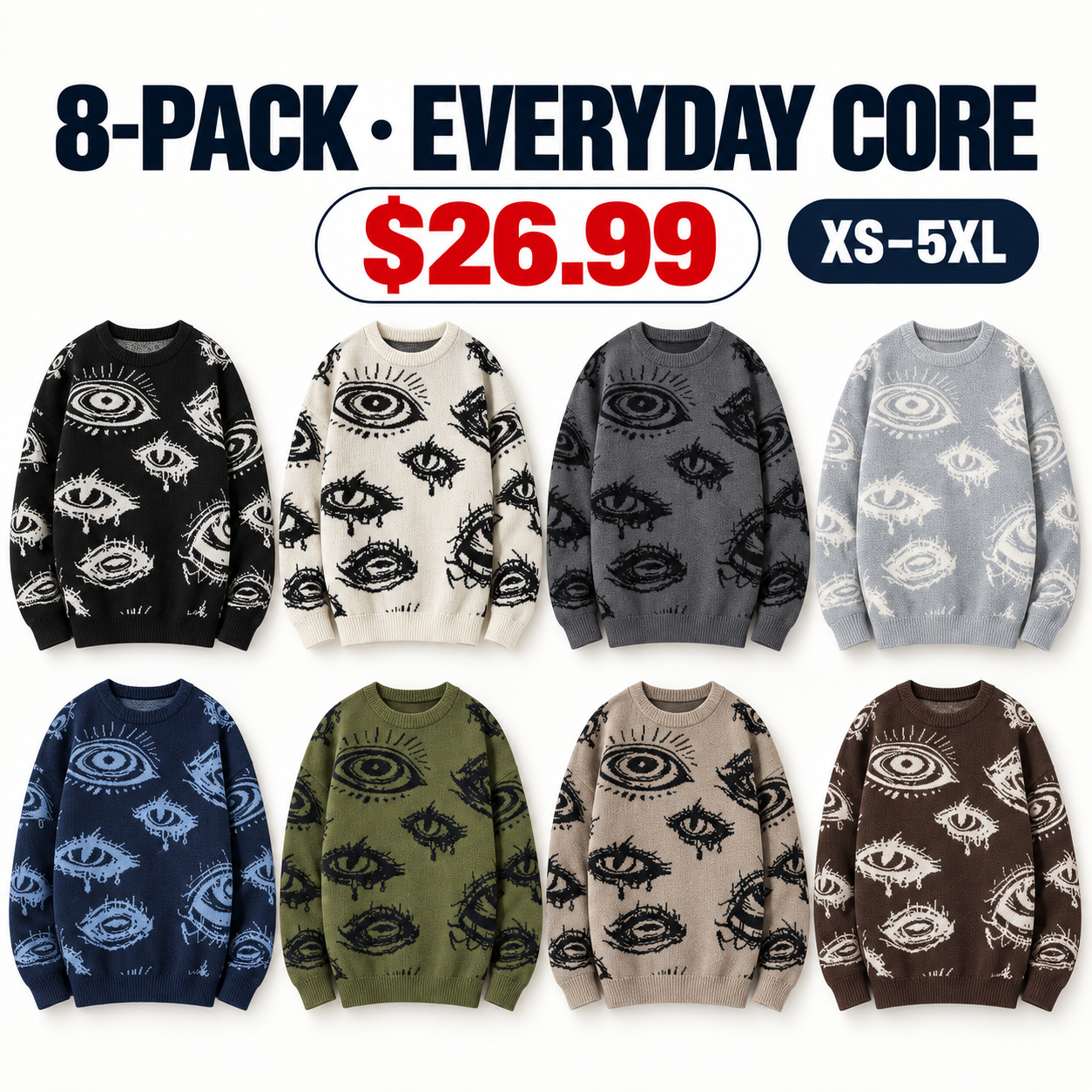 Eight eye graphic crewneck knit sweaters, 8-Pack Everyday Core, $26.99