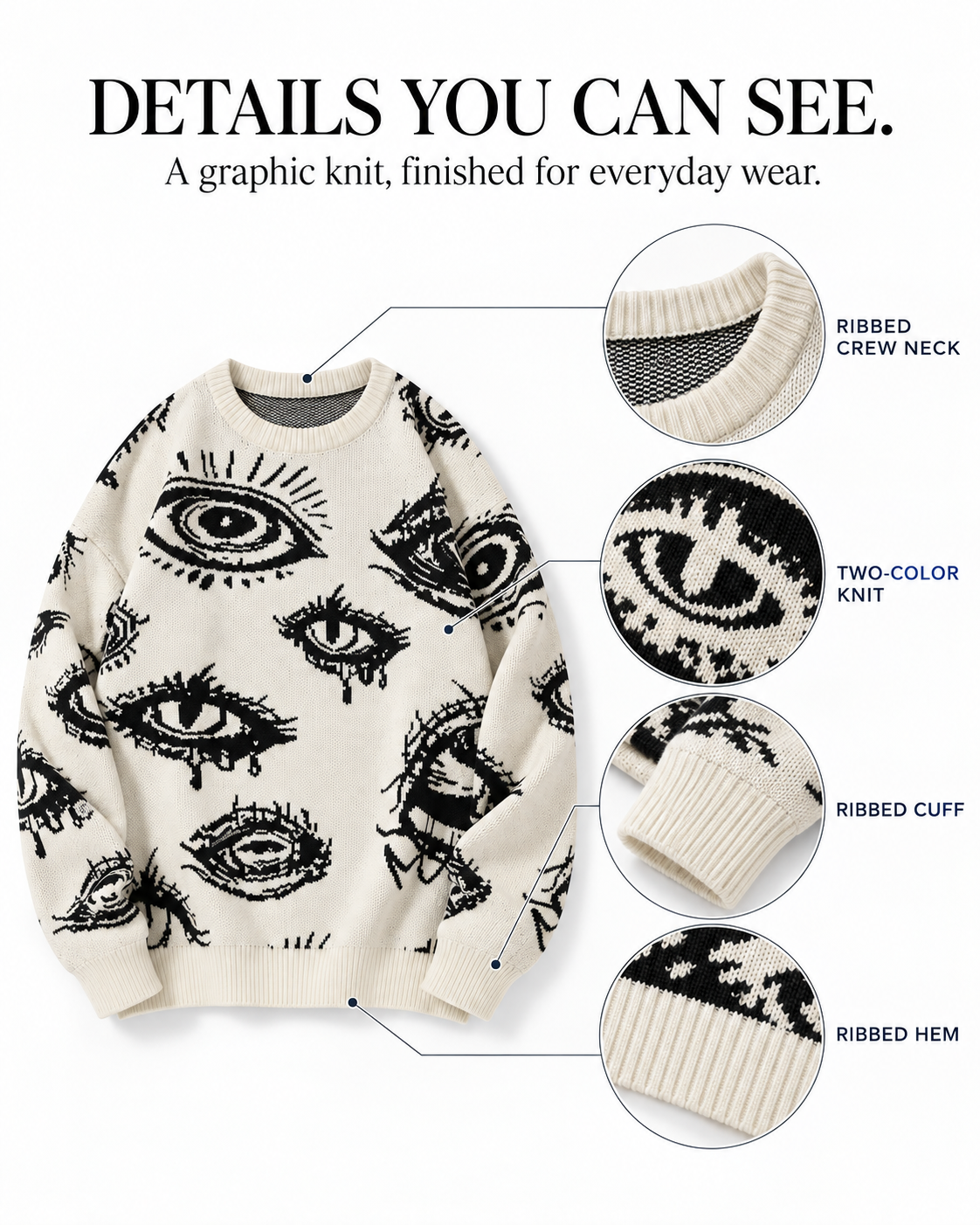Complete sweater with enlarged knit details
