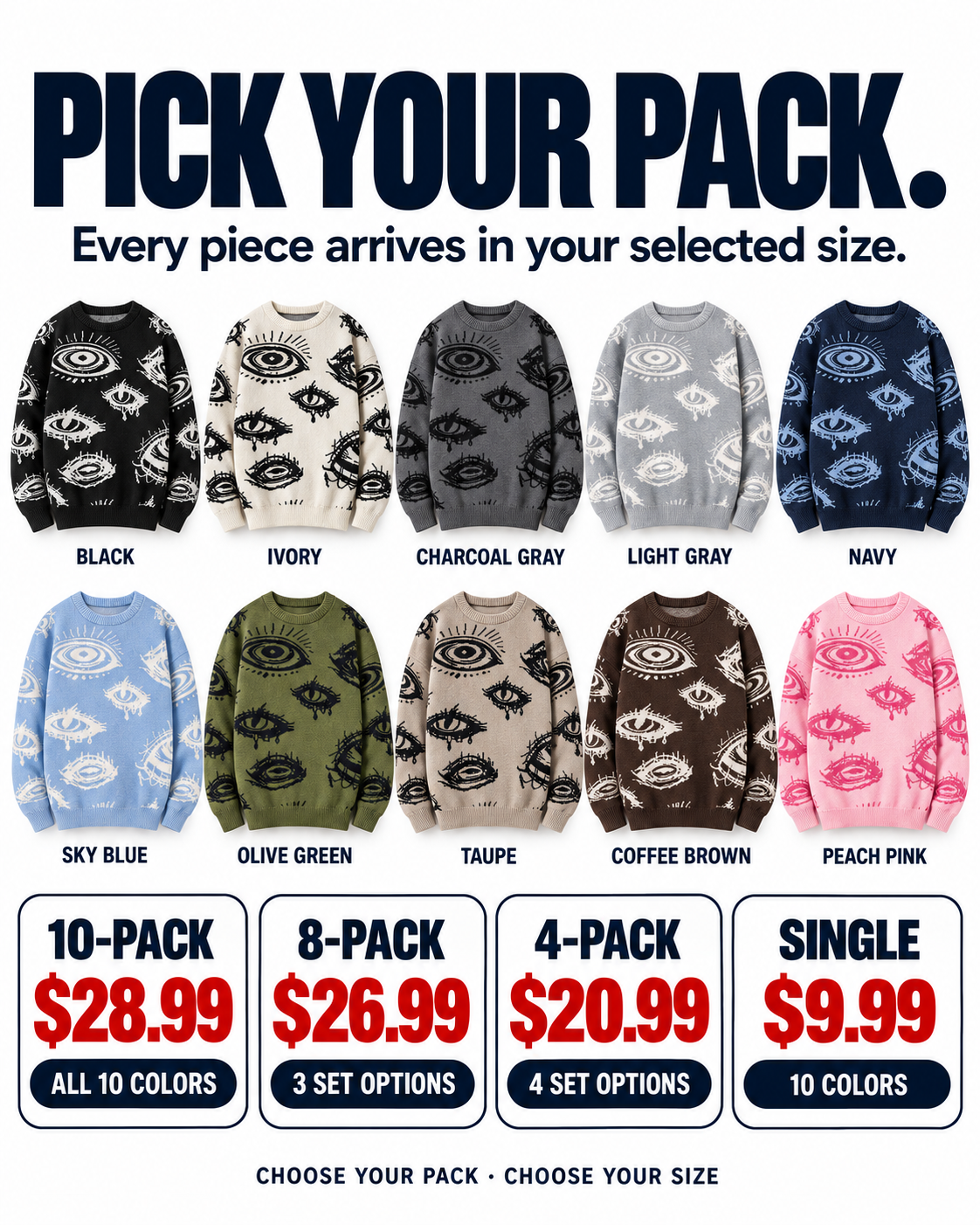 Pack options, colors and prices