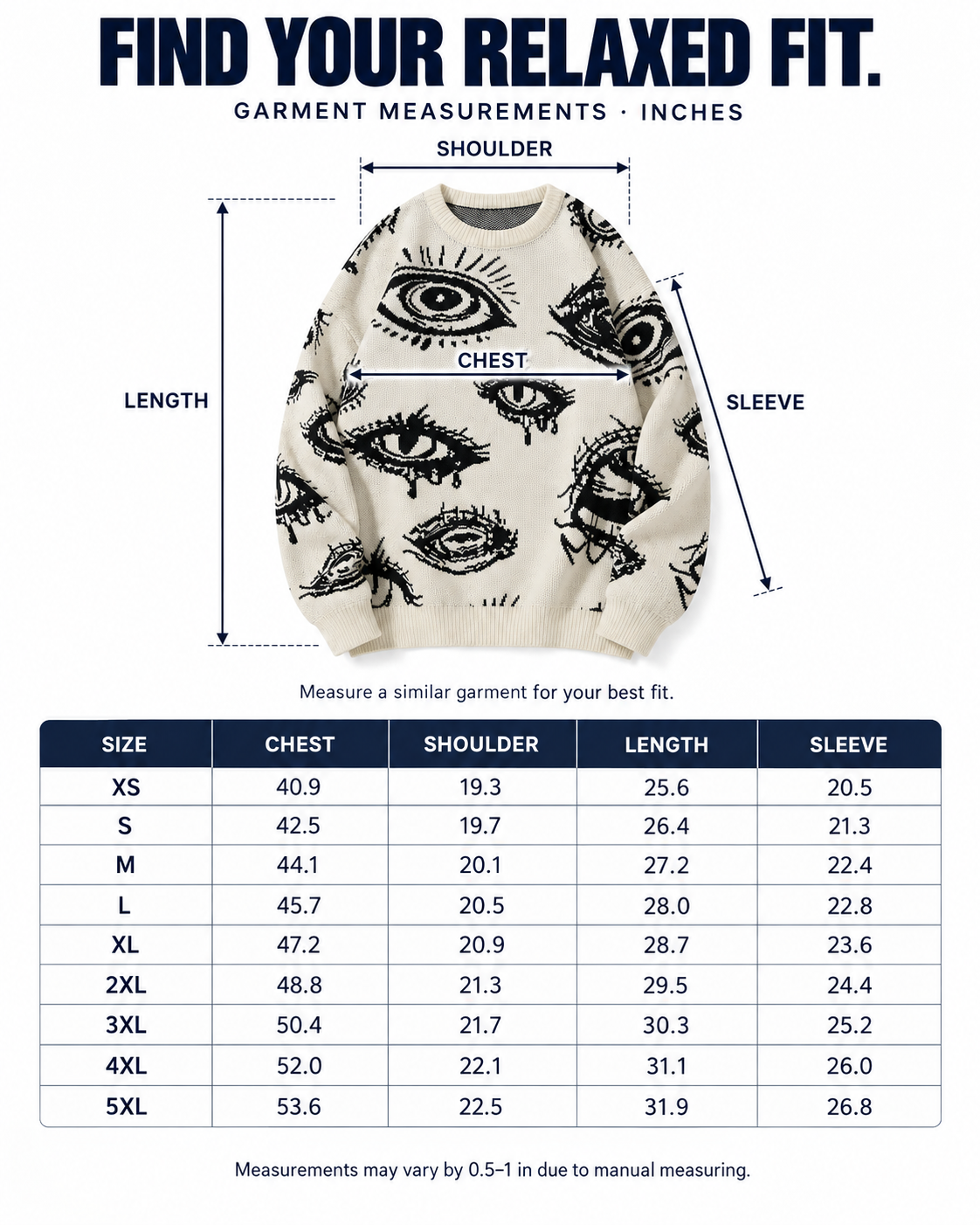 XS to 5XL garment size chart and measurement guide