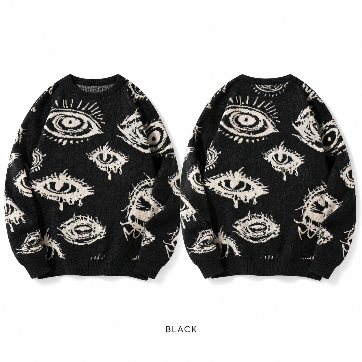 Black eye graphic crewneck knit sweater, front product view