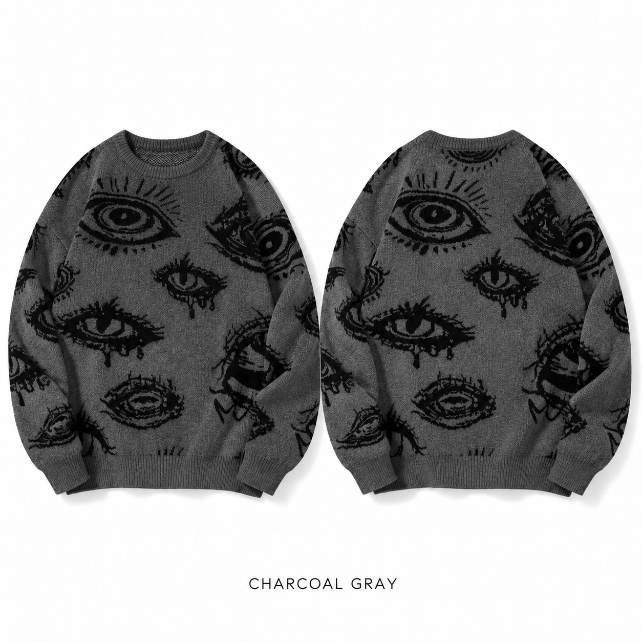 Charcoal Gray eye graphic crewneck knit sweater, front product view