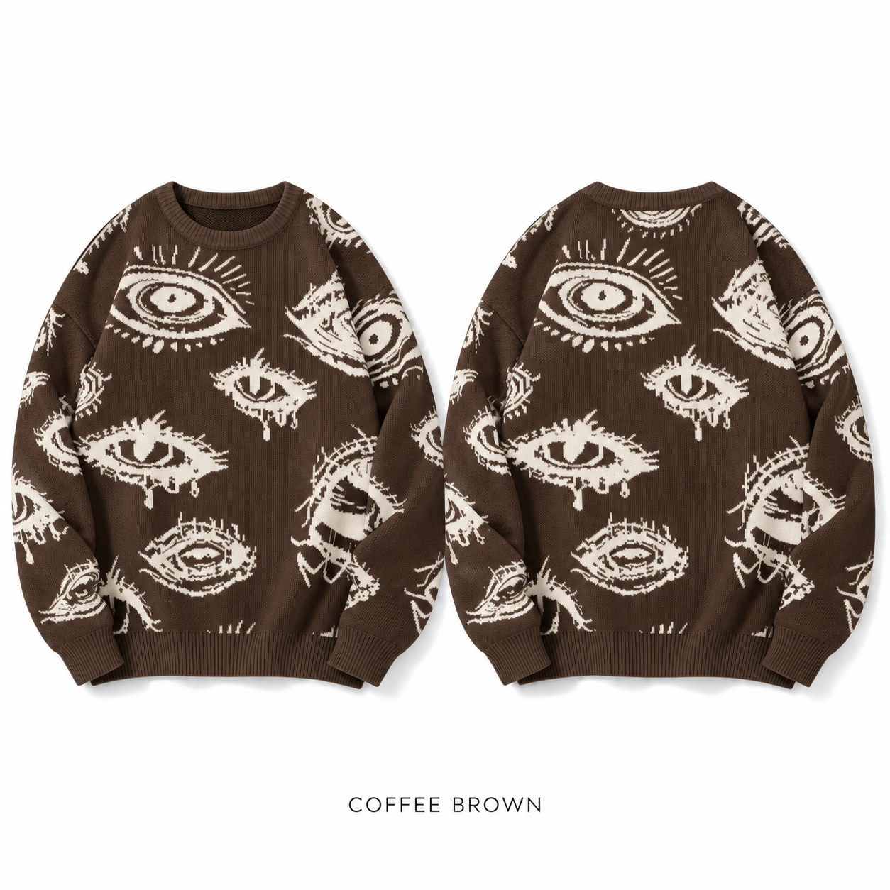Coffee Brown eye graphic crewneck knit sweater, front product view