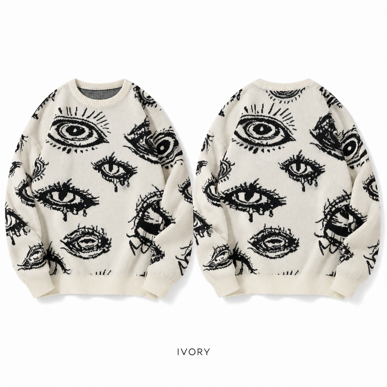 Ivory eye graphic crewneck knit sweater, front product view