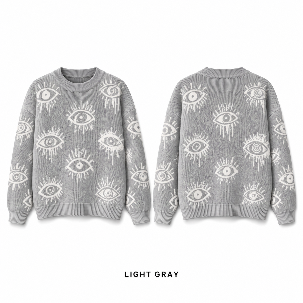 Light Gray eye graphic crewneck knit sweater, front product view