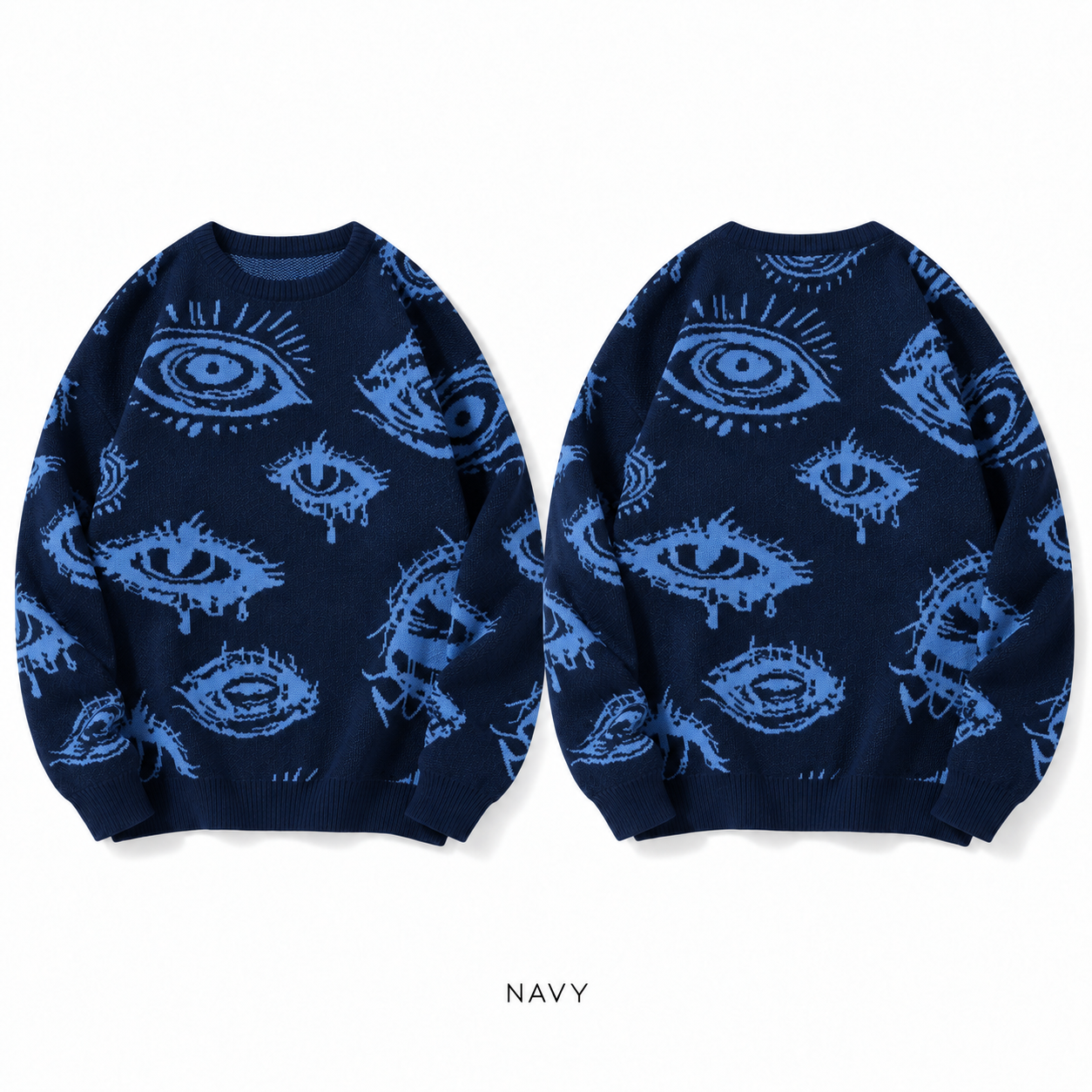 Navy eye graphic crewneck knit sweater, front product view