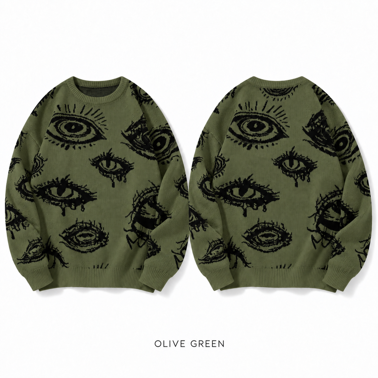 Olive Green eye graphic crewneck knit sweater, front product view