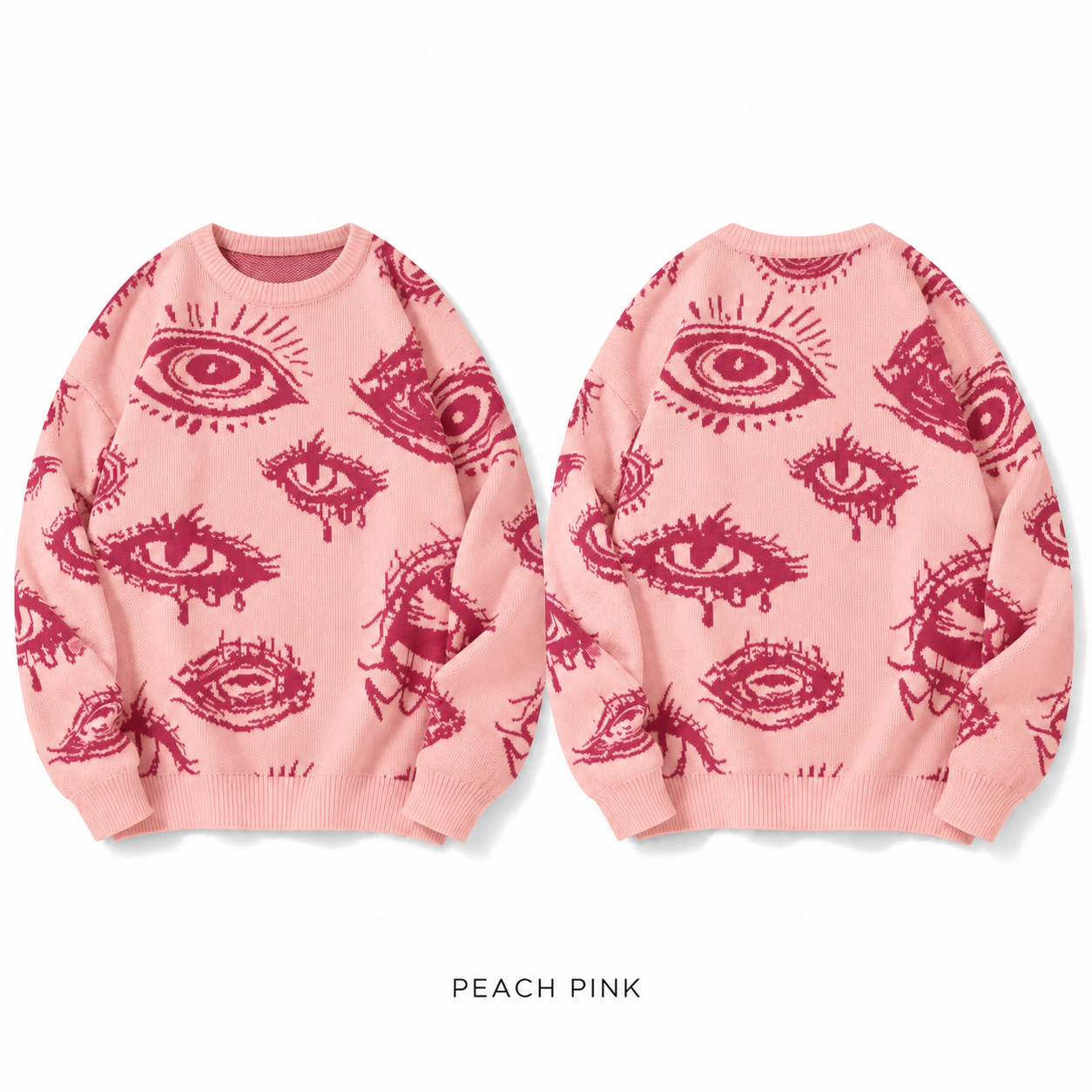 Peach Pink eye graphic crewneck knit sweater, front product view