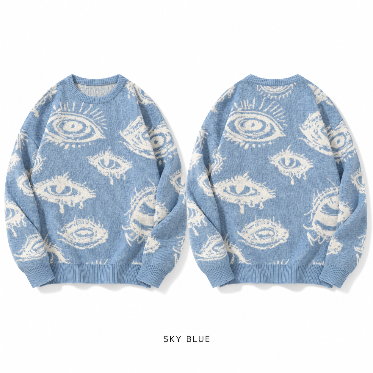 Sky Blue eye graphic crewneck knit sweater, front product view
