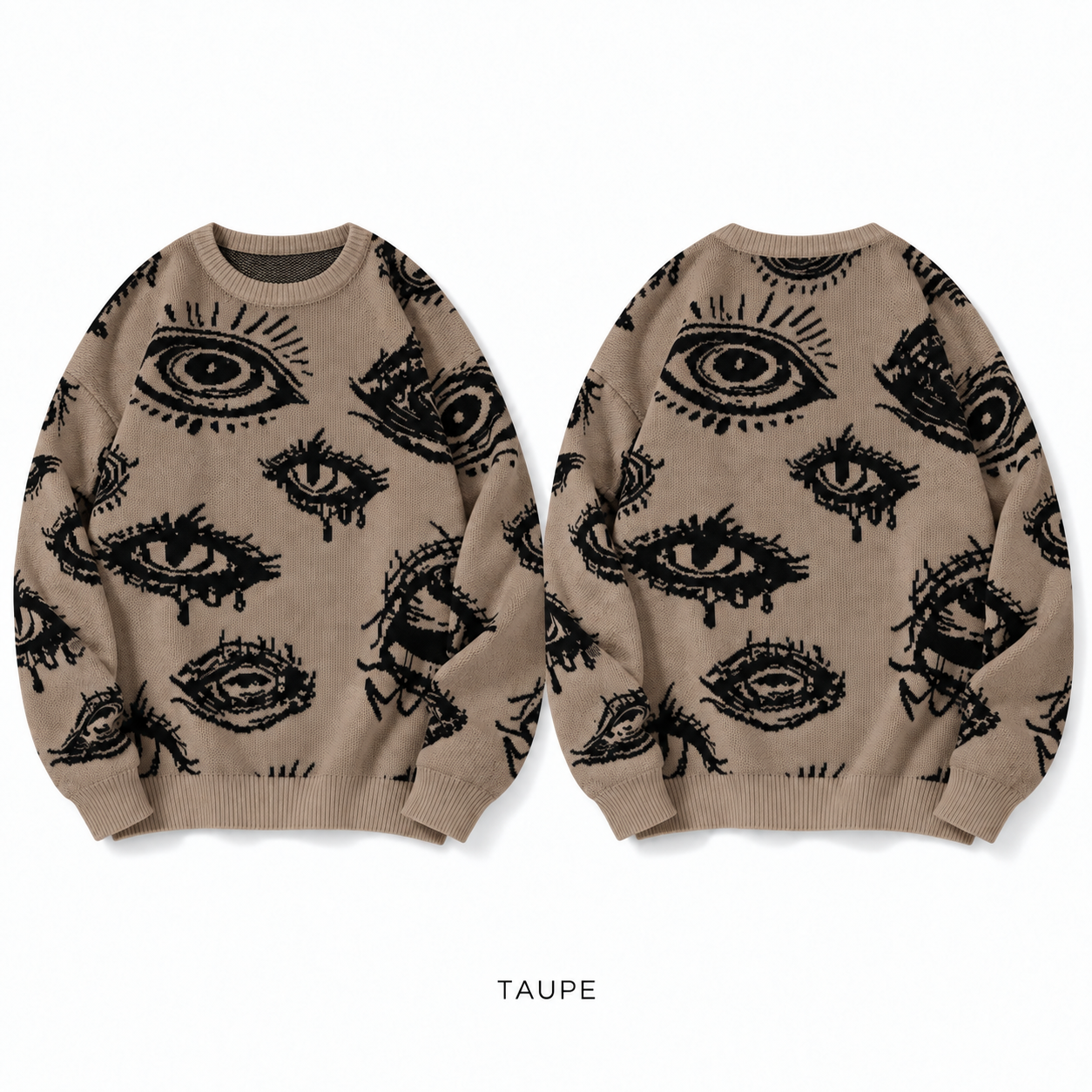 Taupe eye graphic crewneck knit sweater, front product view