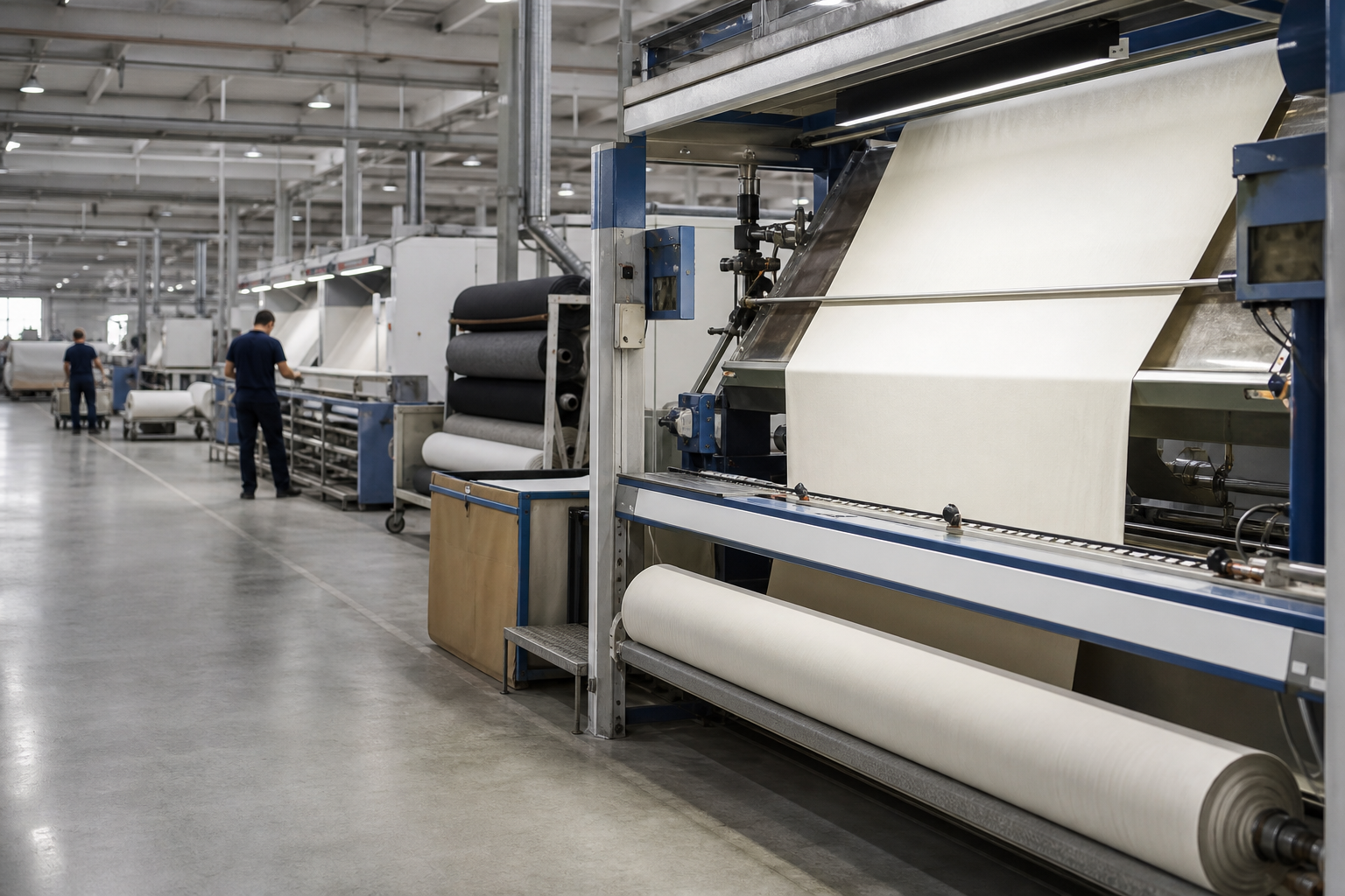 Modern textile production floor inspecting off-white fabric