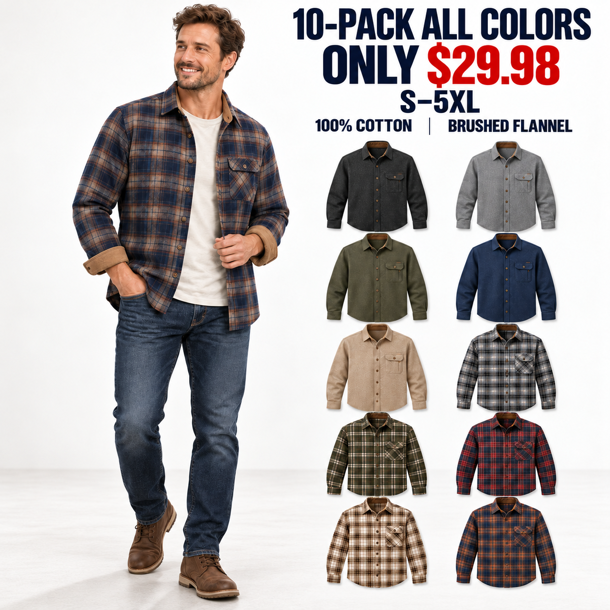 10-Pack All Colors brushed cotton flannel shirts with full-body male model, Only $29.98, S-5XL