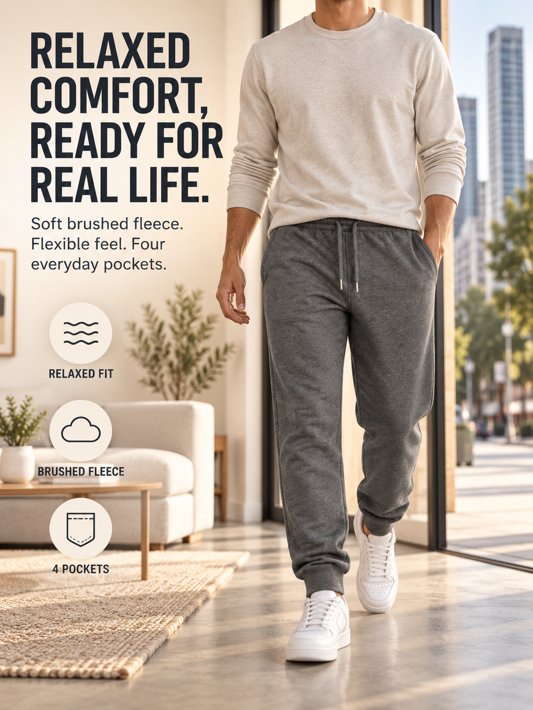 Relaxed fleece jogger fit and comfort overview