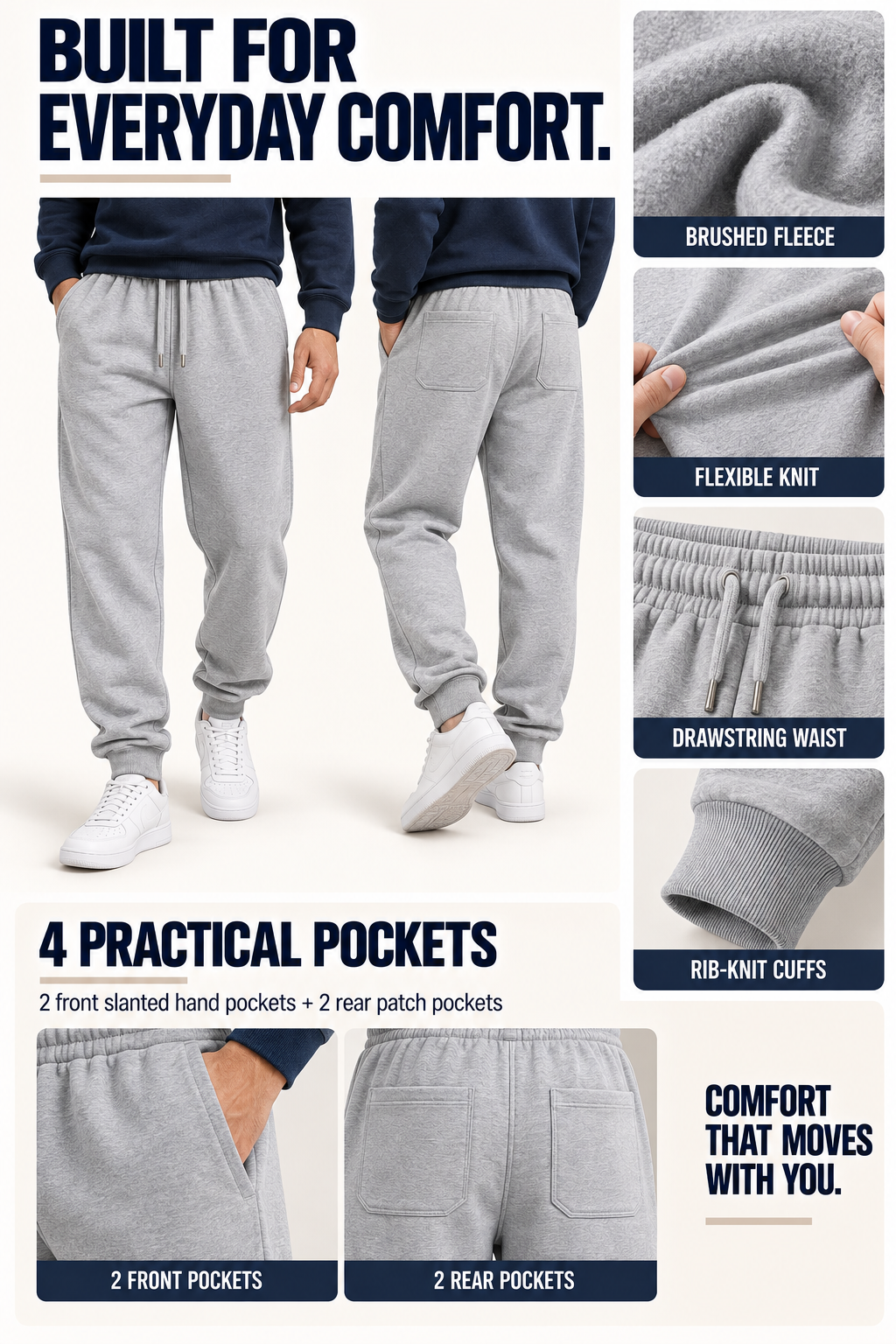 Brushed fleece and four-pocket jogger construction
