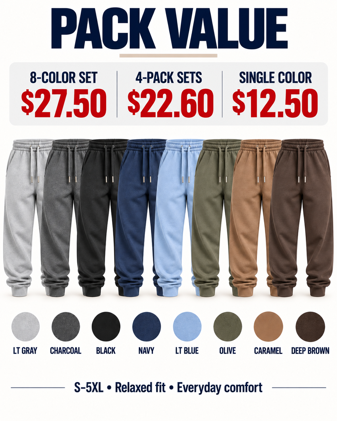 Pack Value prices with eight jogger colors and matching swatches