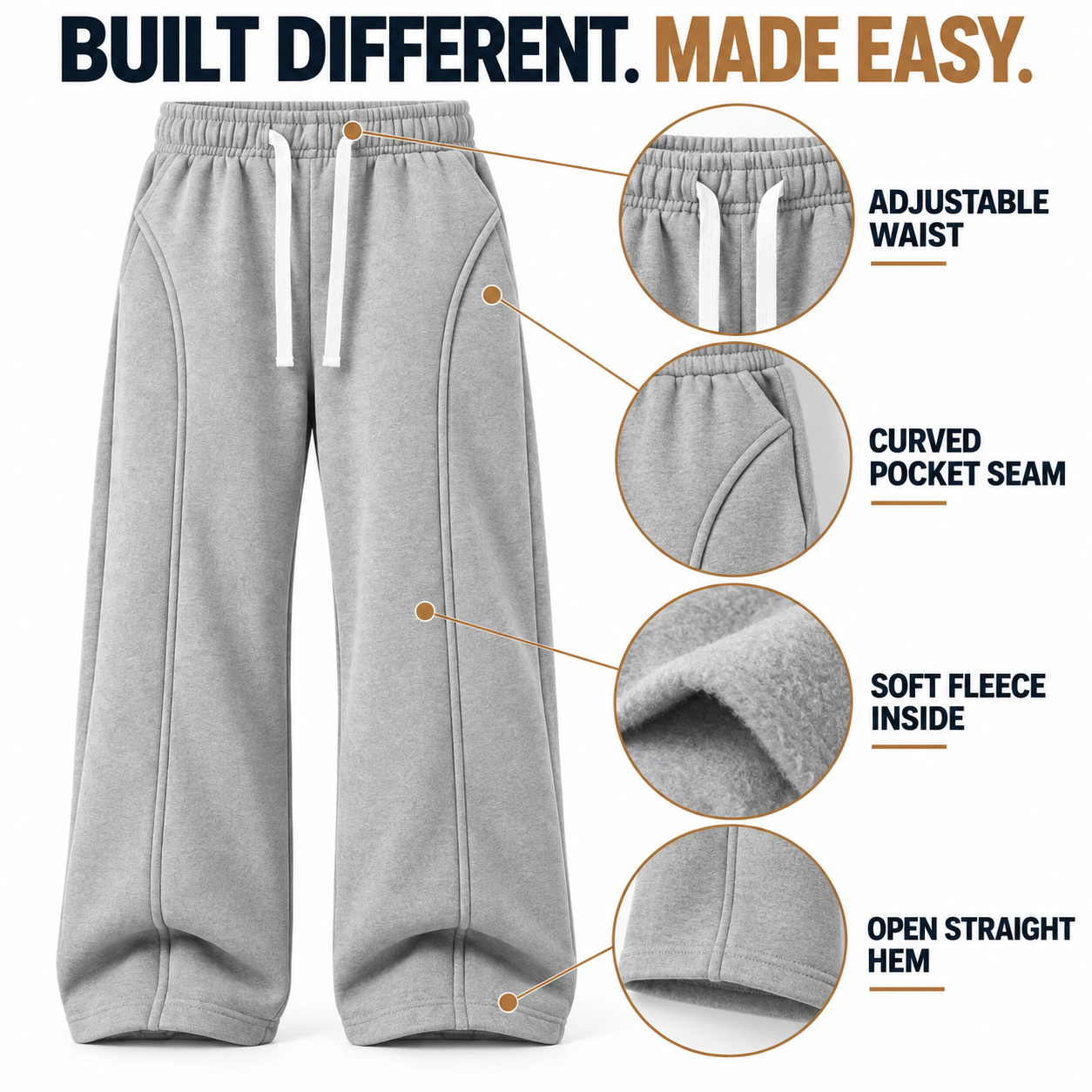 Complete pants with enlarged construction details