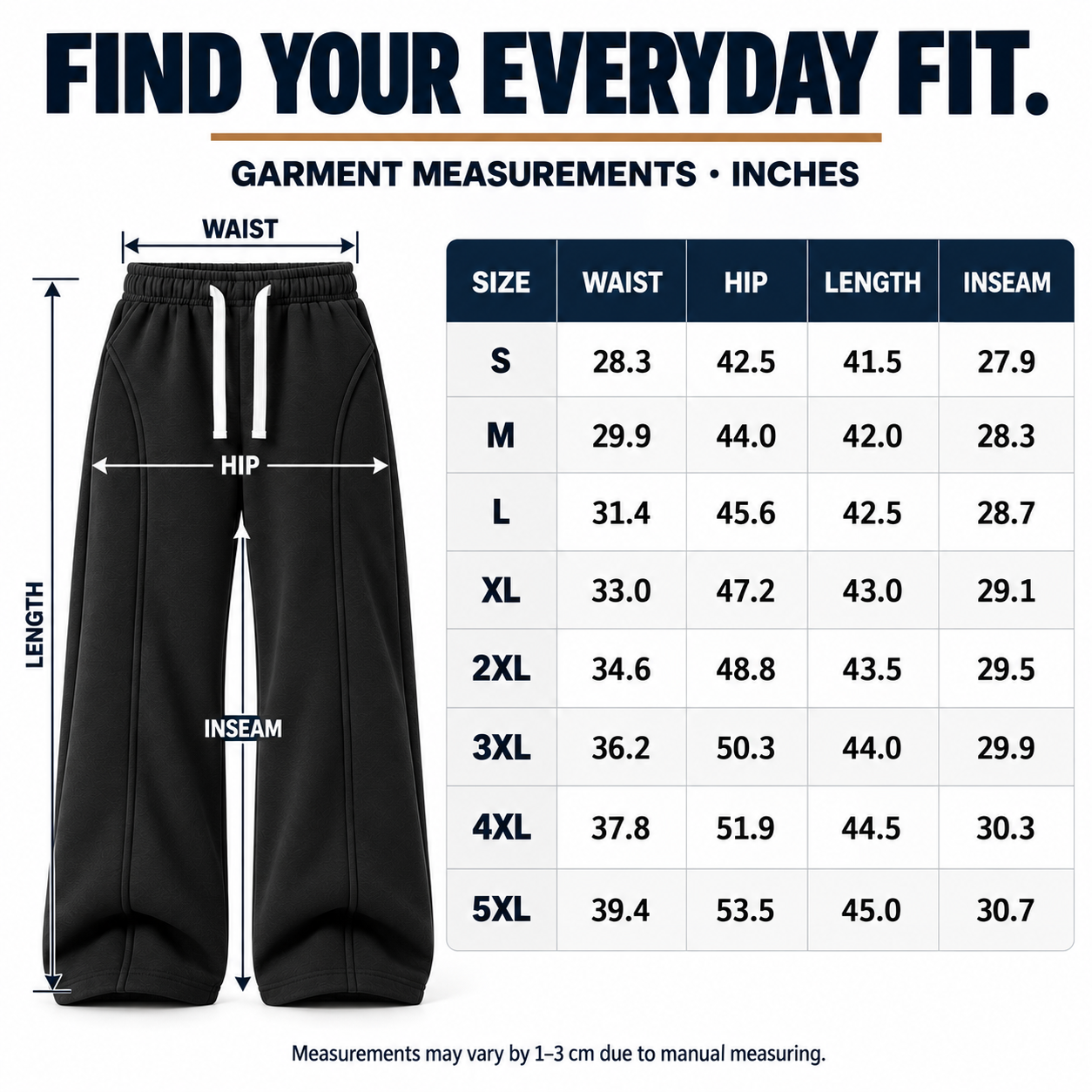 S to 5XL garment measurements in inches