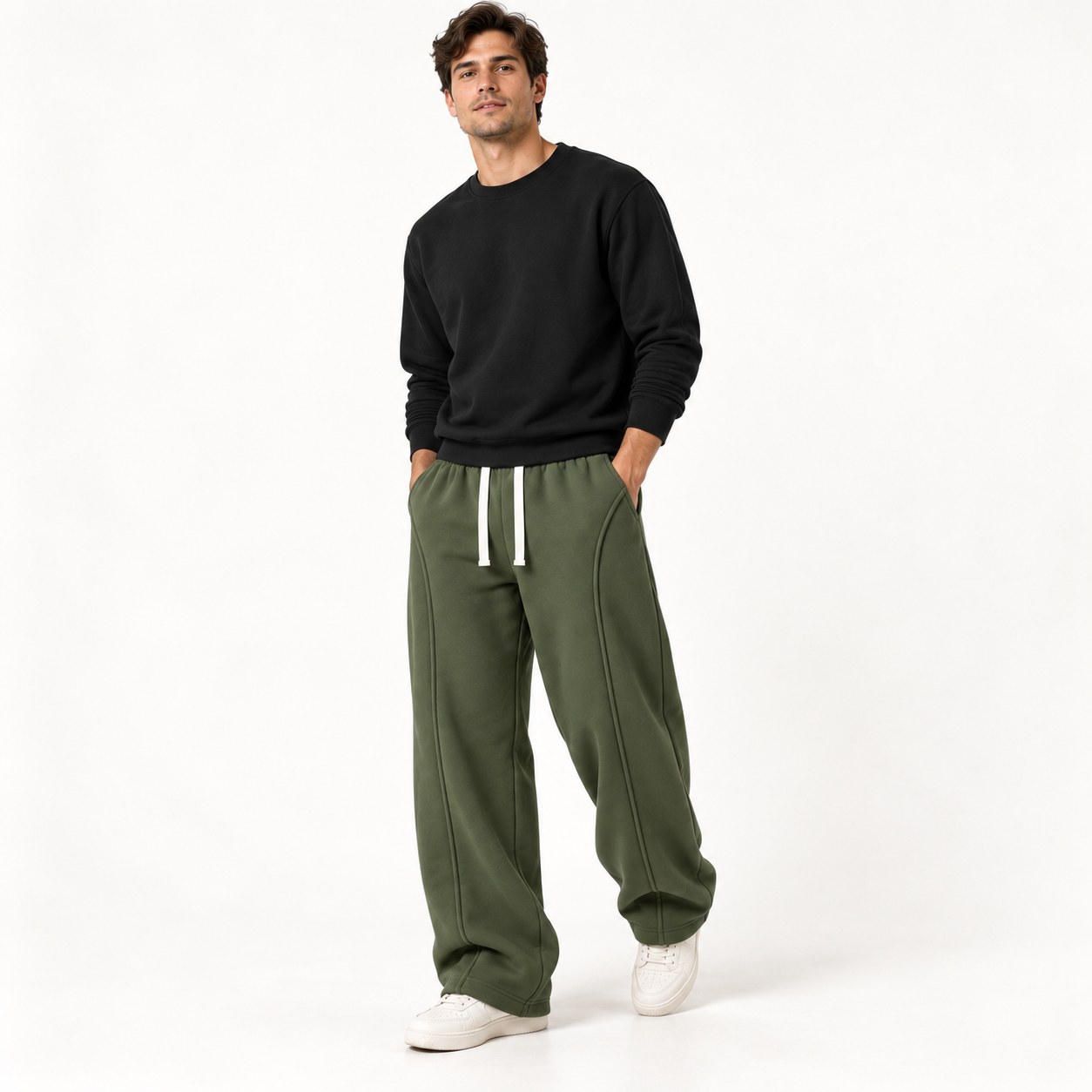 Young male model wearing Olive fleece wide-leg sweatpants in a clean studio, natural pose