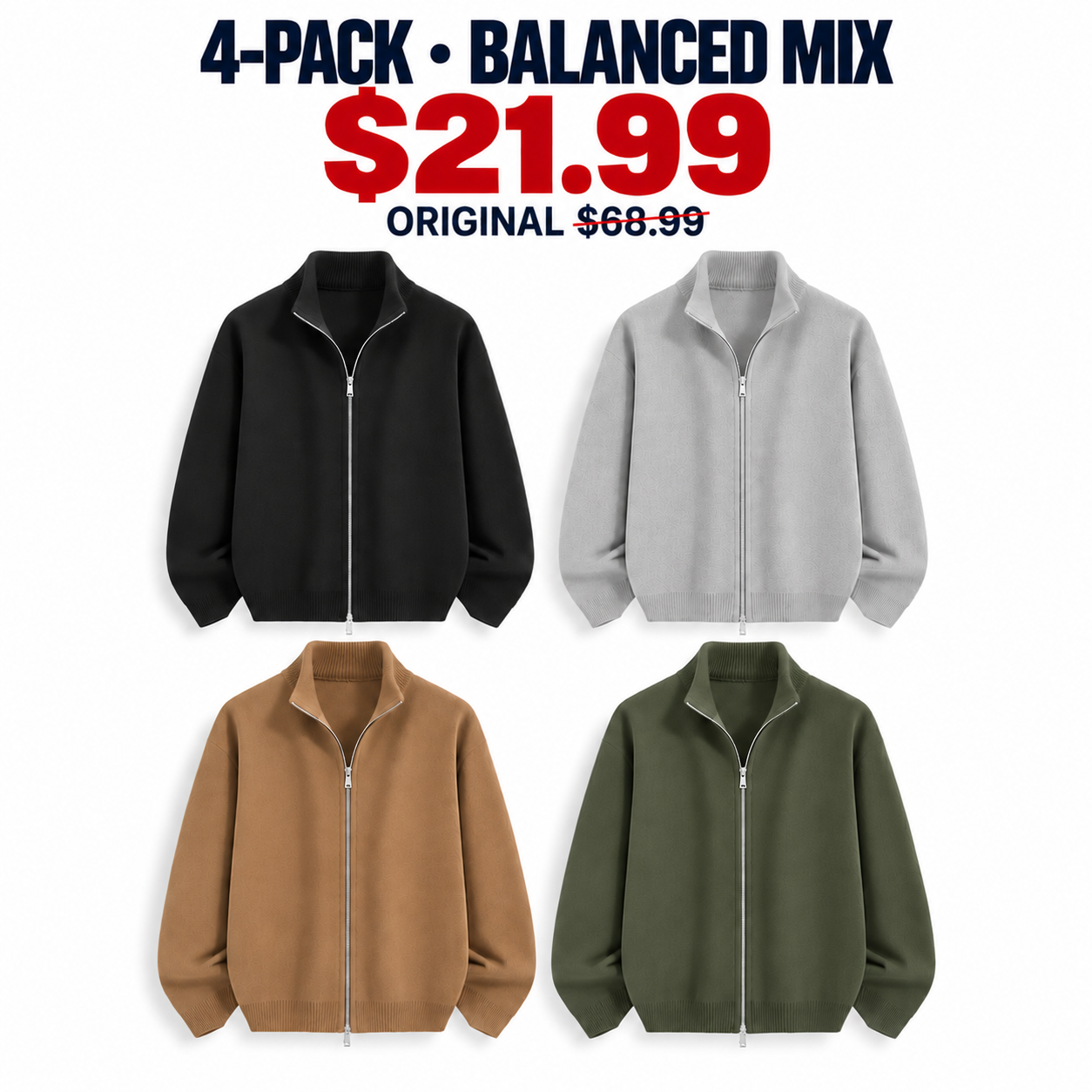 Black Light Gray Camel and Olive Green cardigans, 4-Pack Balanced Mix, $21.99, original $68.99