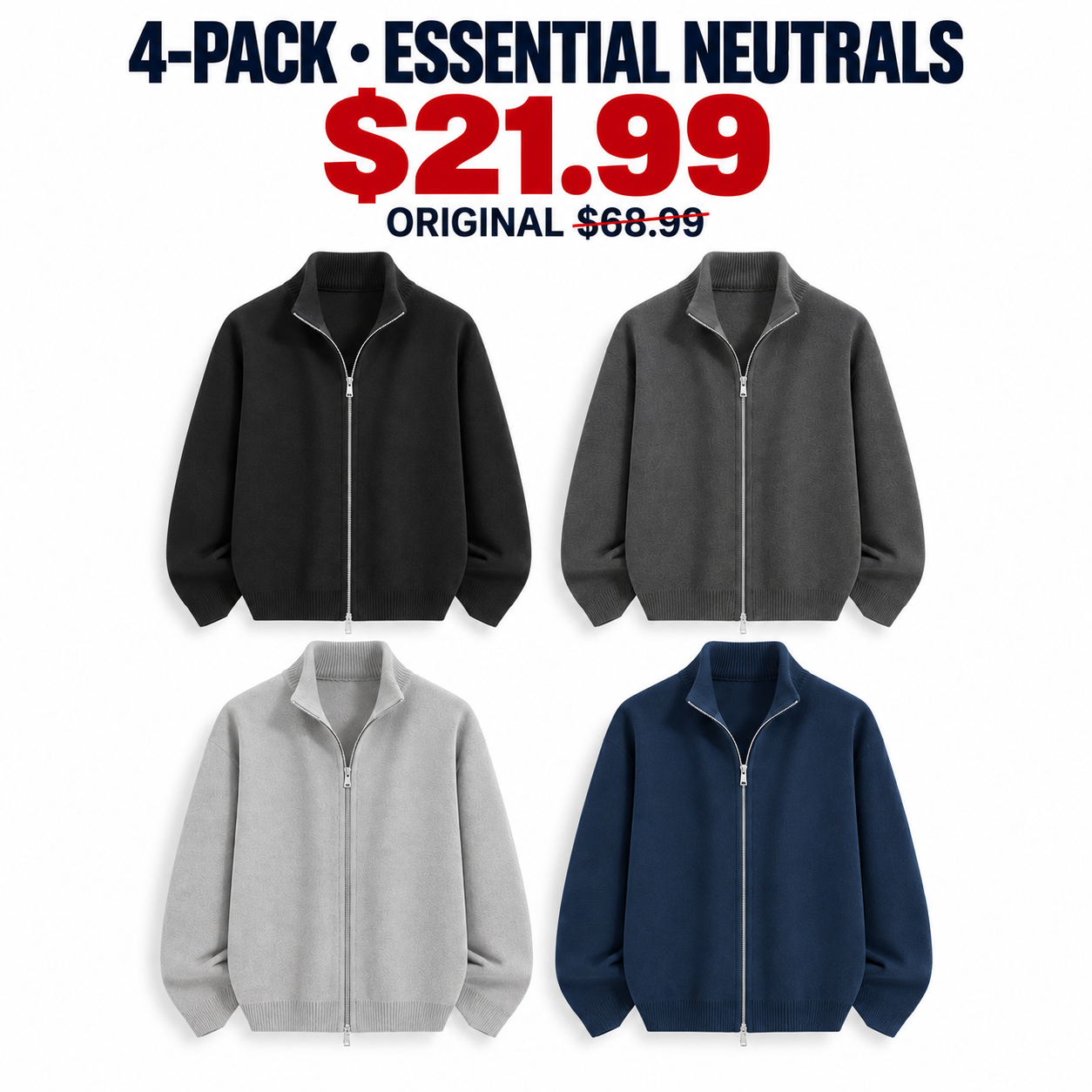 Black Charcoal Gray Light Gray and Navy cardigans, 4-Pack Essential Neutrals, $21.99, original $68.99