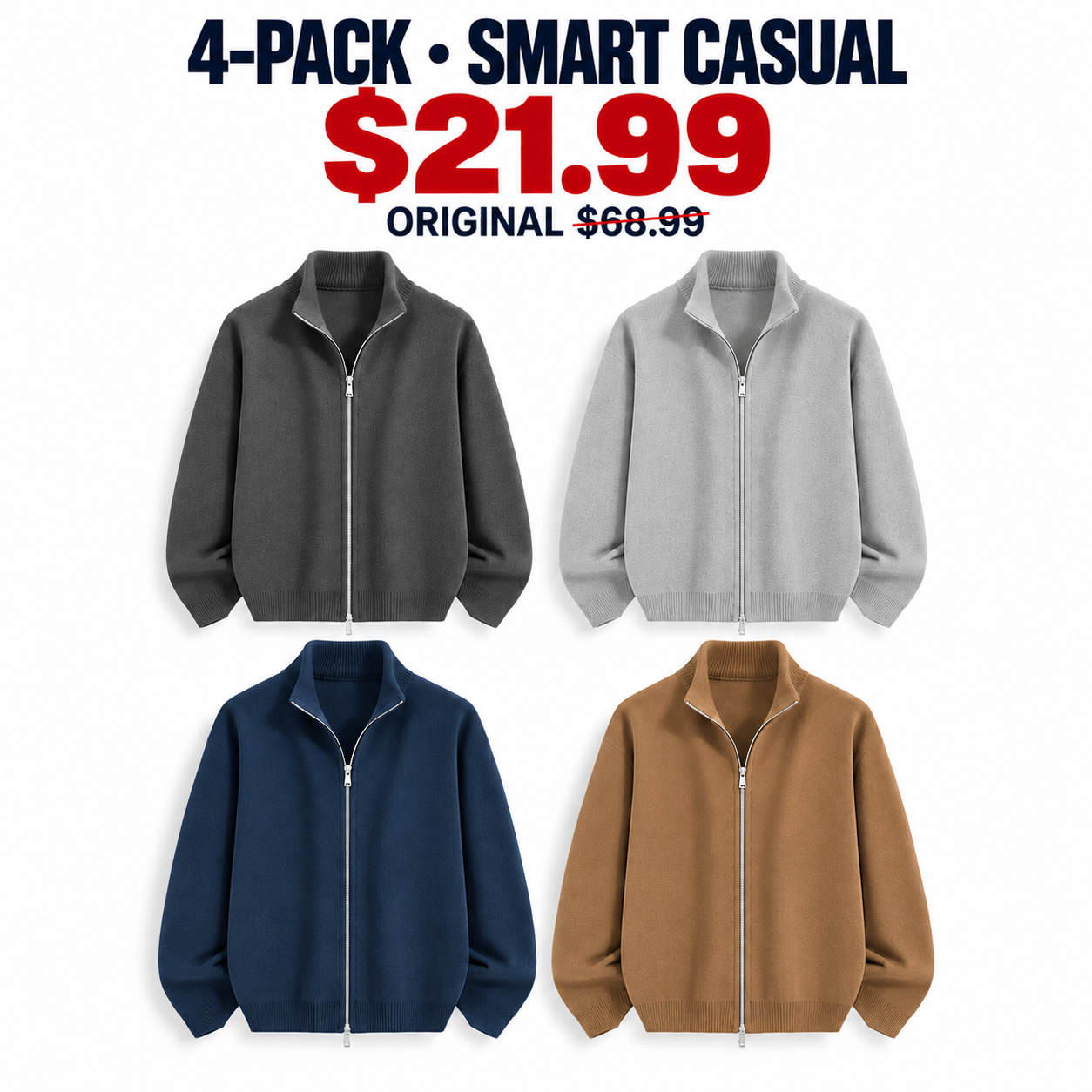 Charcoal Gray Light Gray Navy and Camel cardigans, 4-Pack Smart Casual, $21.99, original $68.99