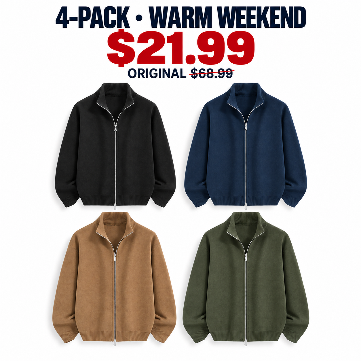 Black Navy Camel and Olive Green cardigans, 4-Pack Warm Weekend, $21.99, original $68.99