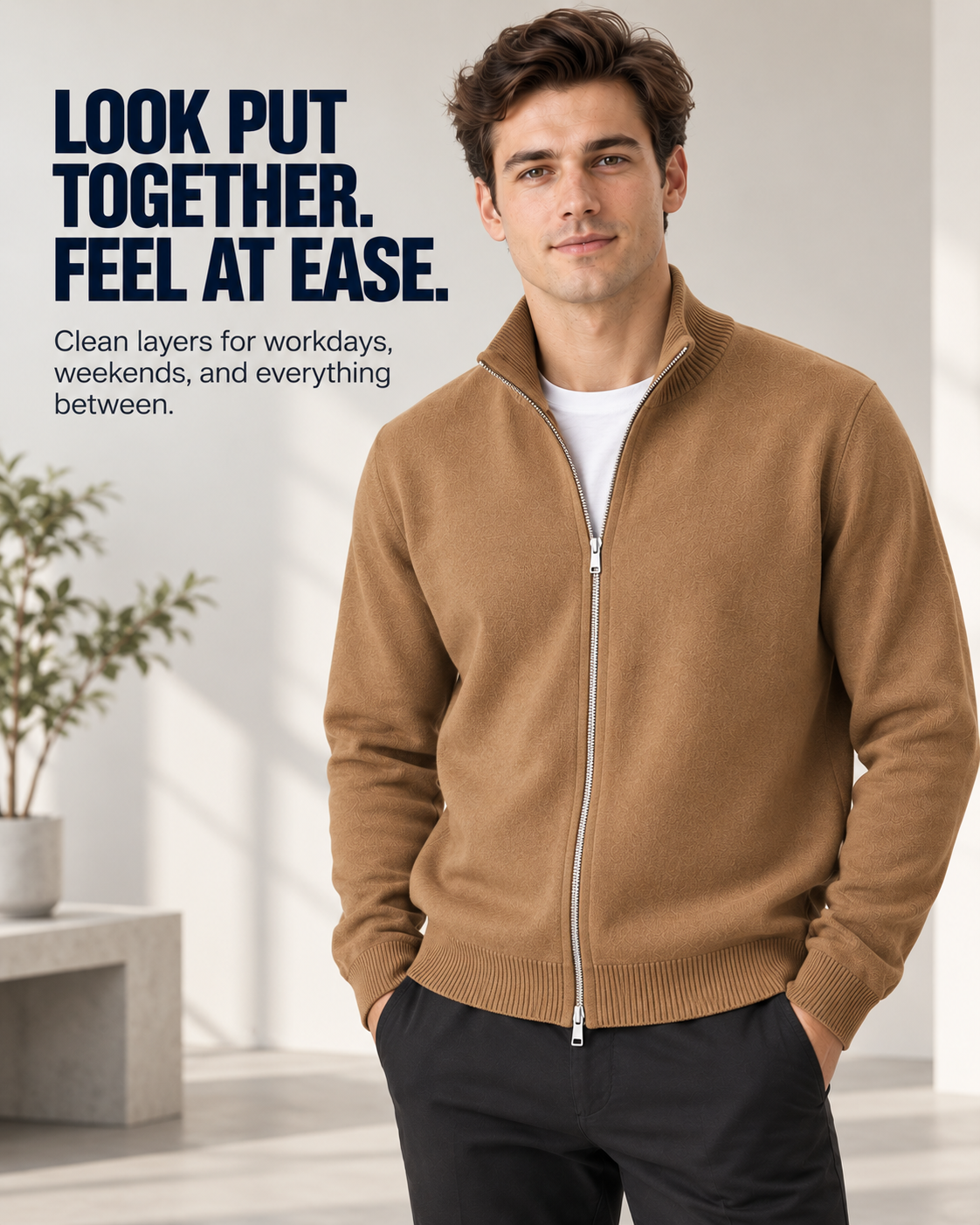 Attractive first-look fit in camel cardigan