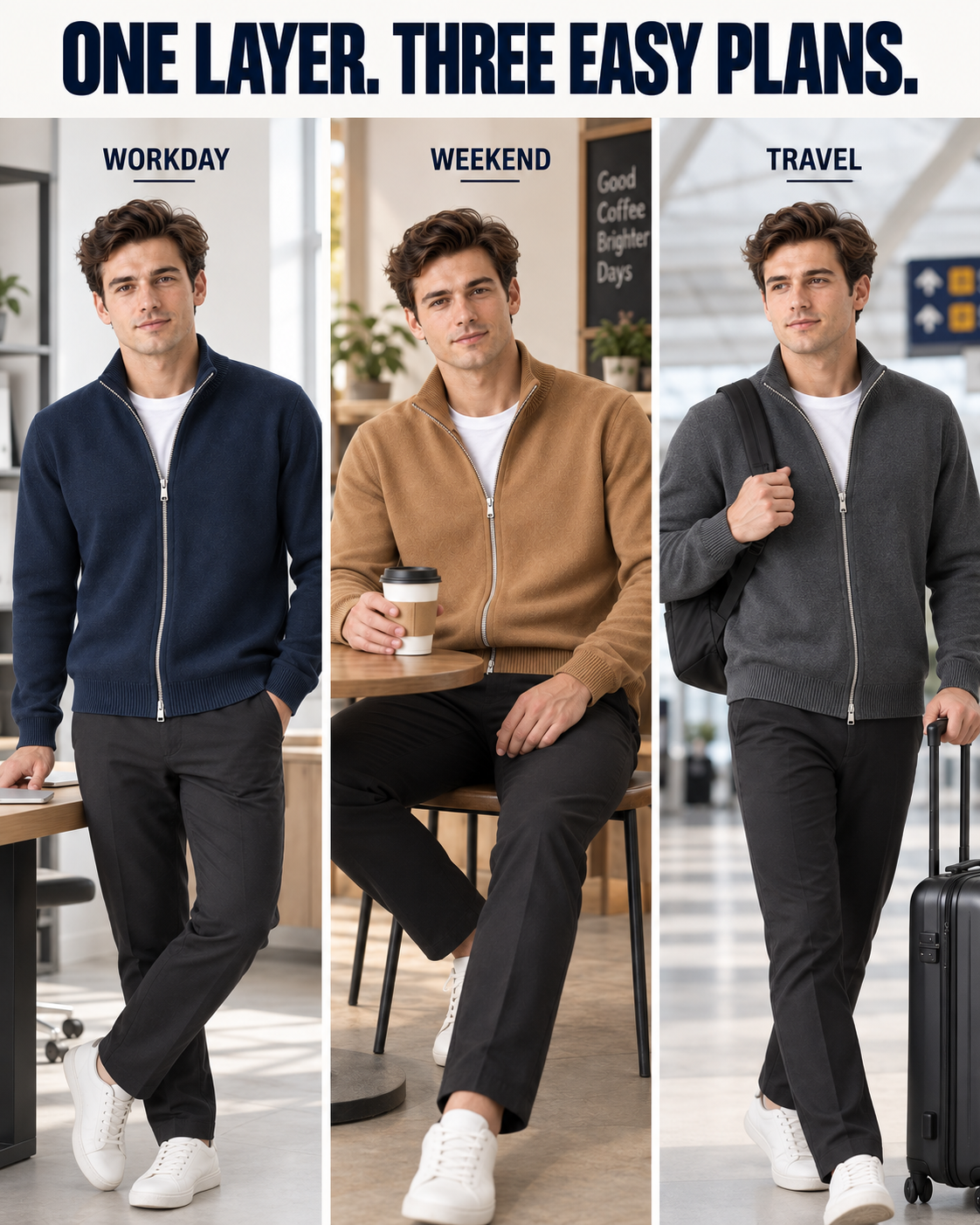 Workday, weekend and travel styling scenes
