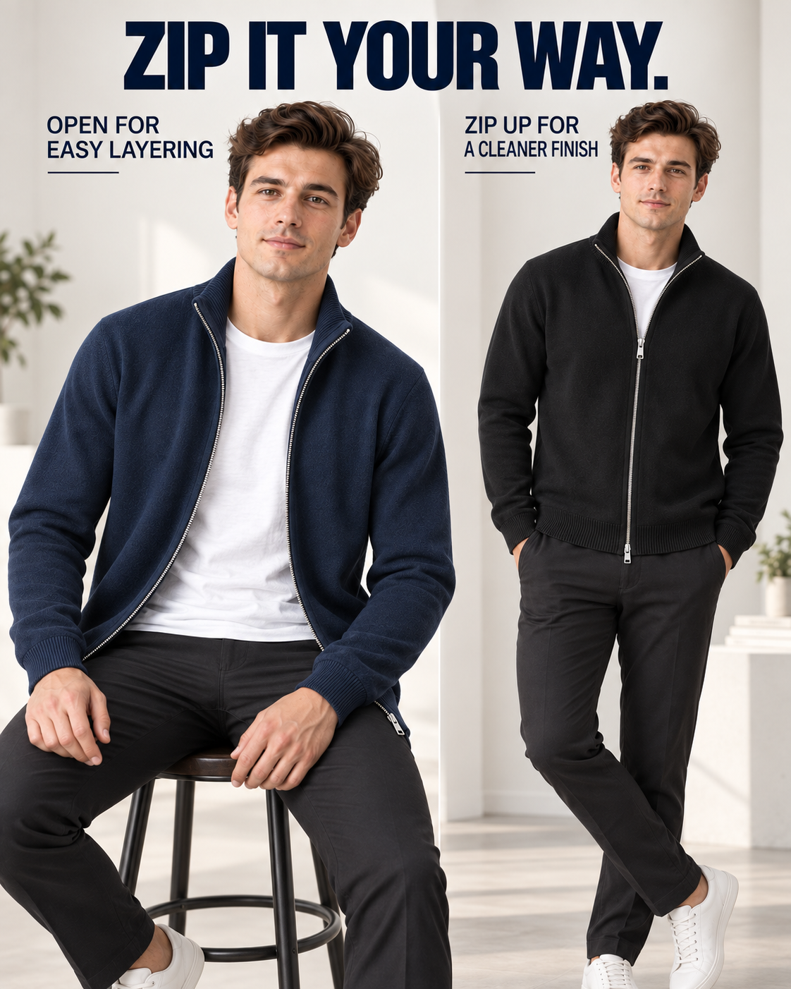 Open and zipped cardigan styling