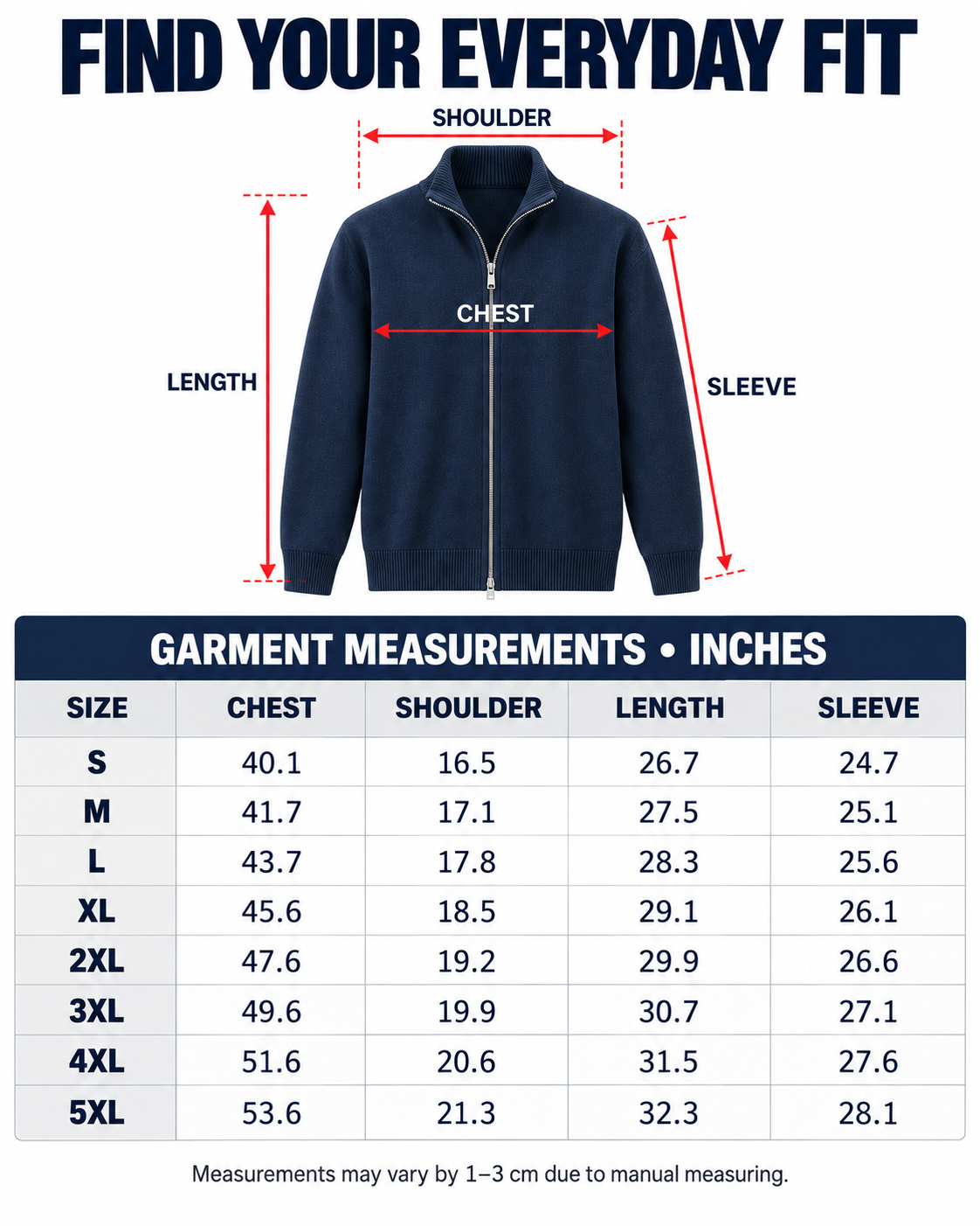 S–5XL garment measurements in inches and measurement diagram