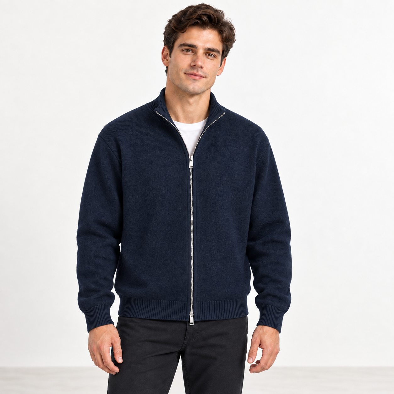 American male model wearing the Navy mock-neck full-zip cardigan in a clean studio, front view