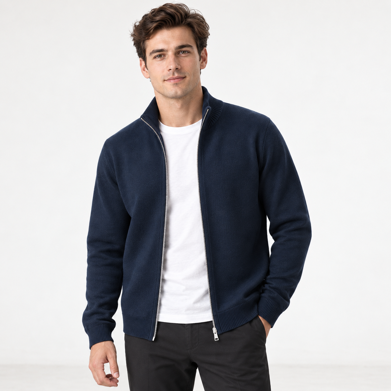 American male model wearing the Navy full-zip cardigan fully open over a white T-shirt