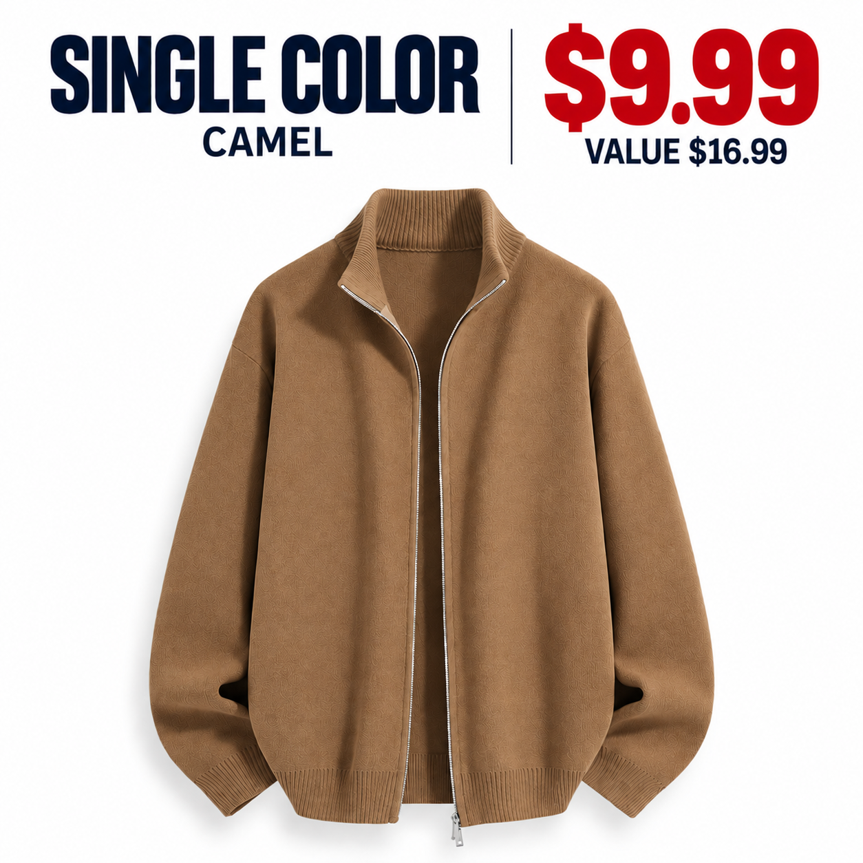 Camel fine-knit full-zip mock-neck cardigan, single color, $9.99
