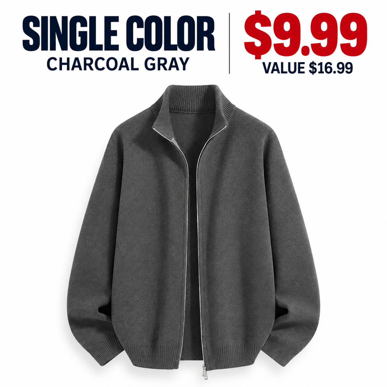Charcoal Gray fine-knit full-zip mock-neck cardigan, single color, $9.99