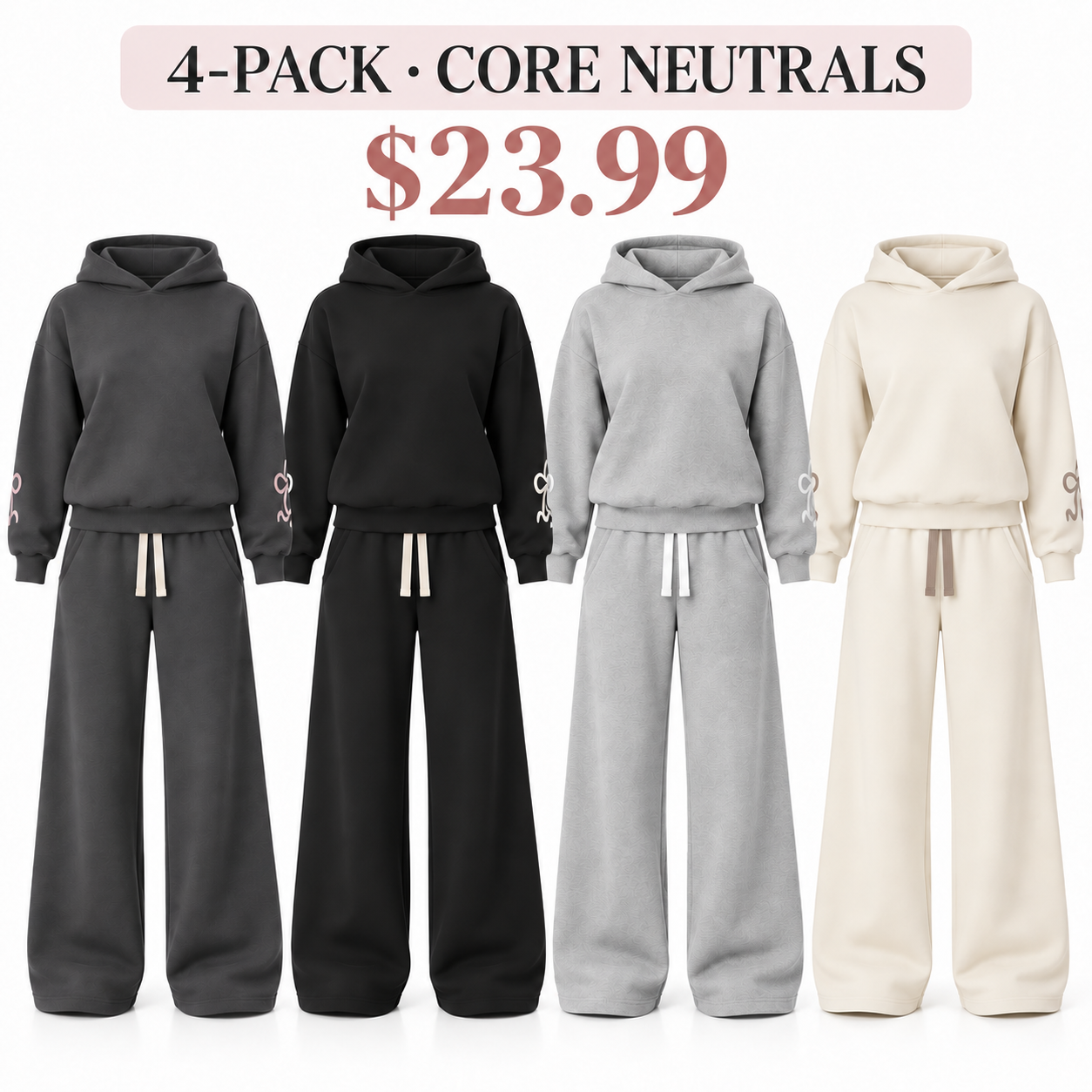 Four front-facing drawstring sets, 4-Pack Core Neutrals, $23.99