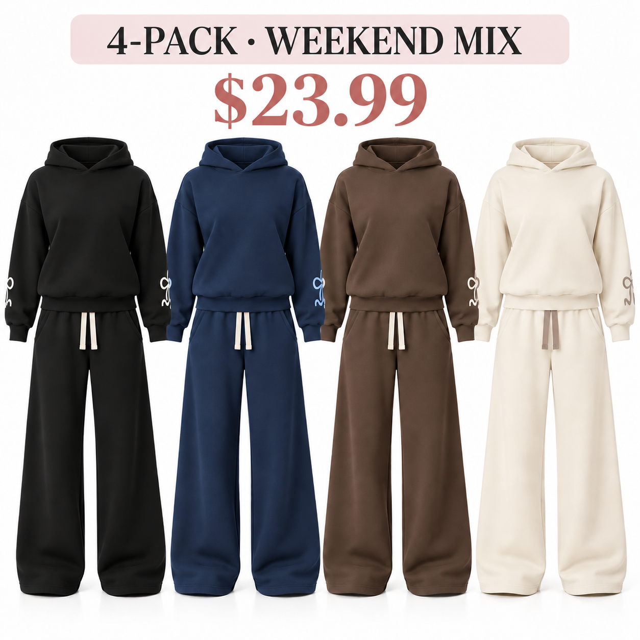Four front-facing drawstring sets, 4-Pack Weekend Mix, $23.99