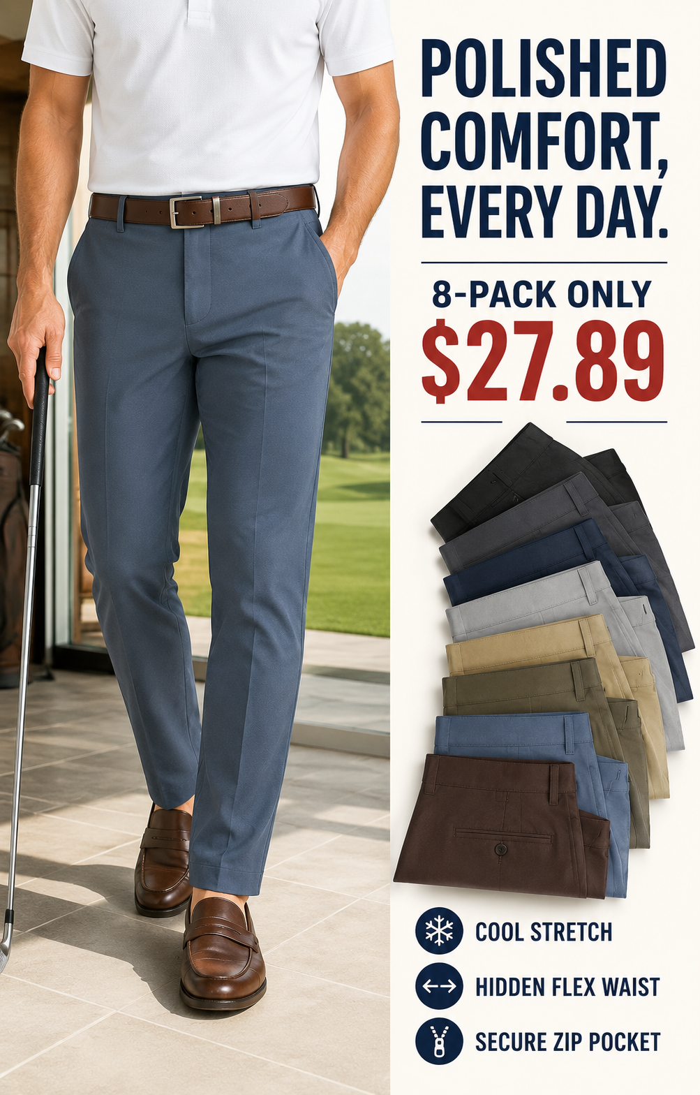 Polished cool-stretch golf pants 8-Pack value overview