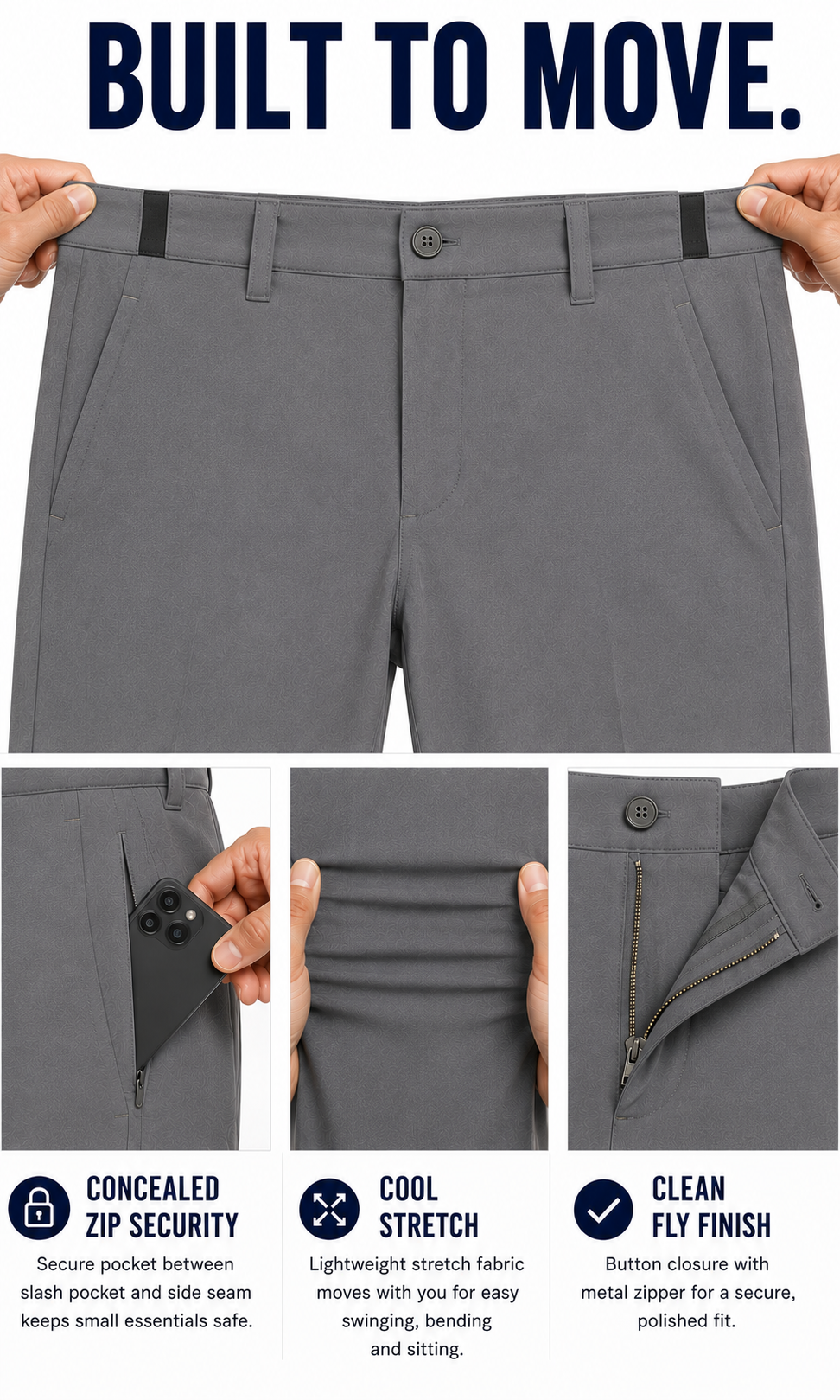 Gray golf pants hidden side elastic shown with normal waistband fabric gently pulled