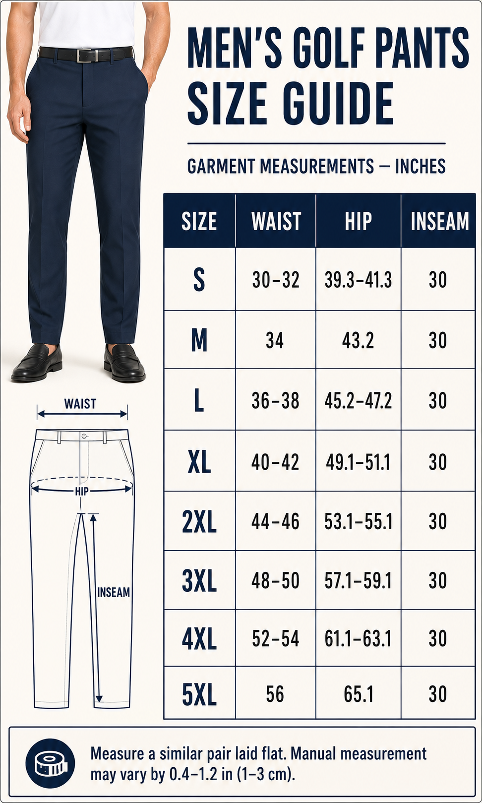 Men's golf pants size guide S through 5XL in inches