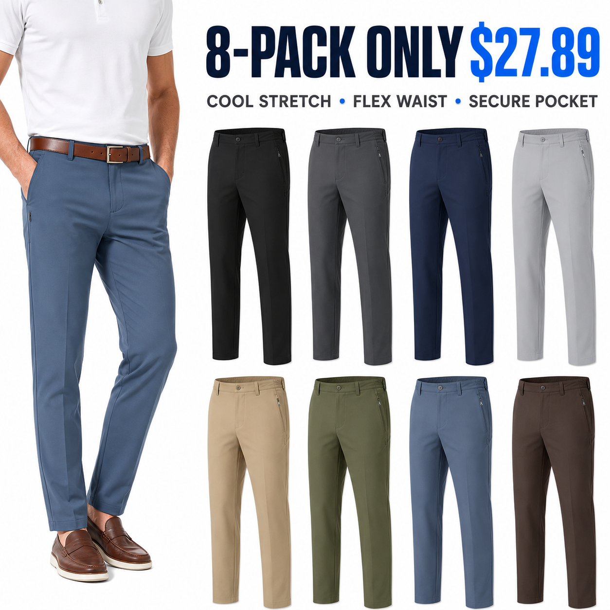 Men's cool-stretch golf pants 8-Pack value cover, Only $27.89