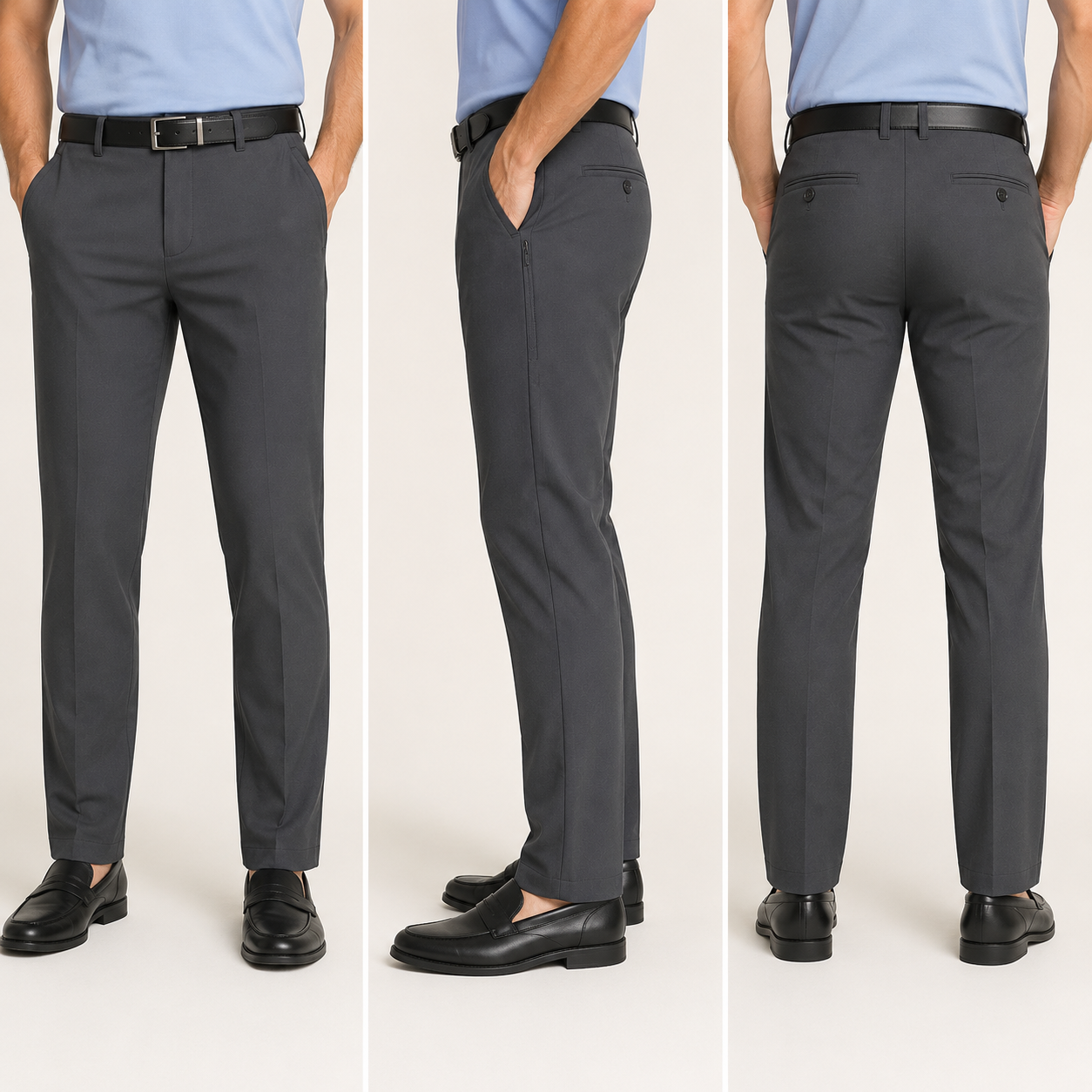 Men's cool-stretch golf pants faceless front side and back fit views