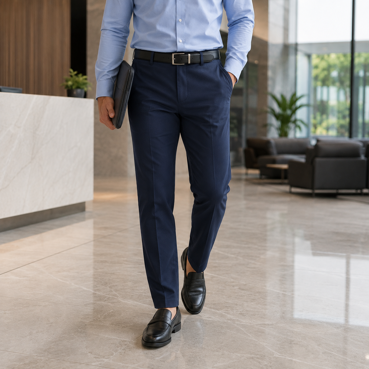 Men's cool-stretch golf pants realistic office try-on