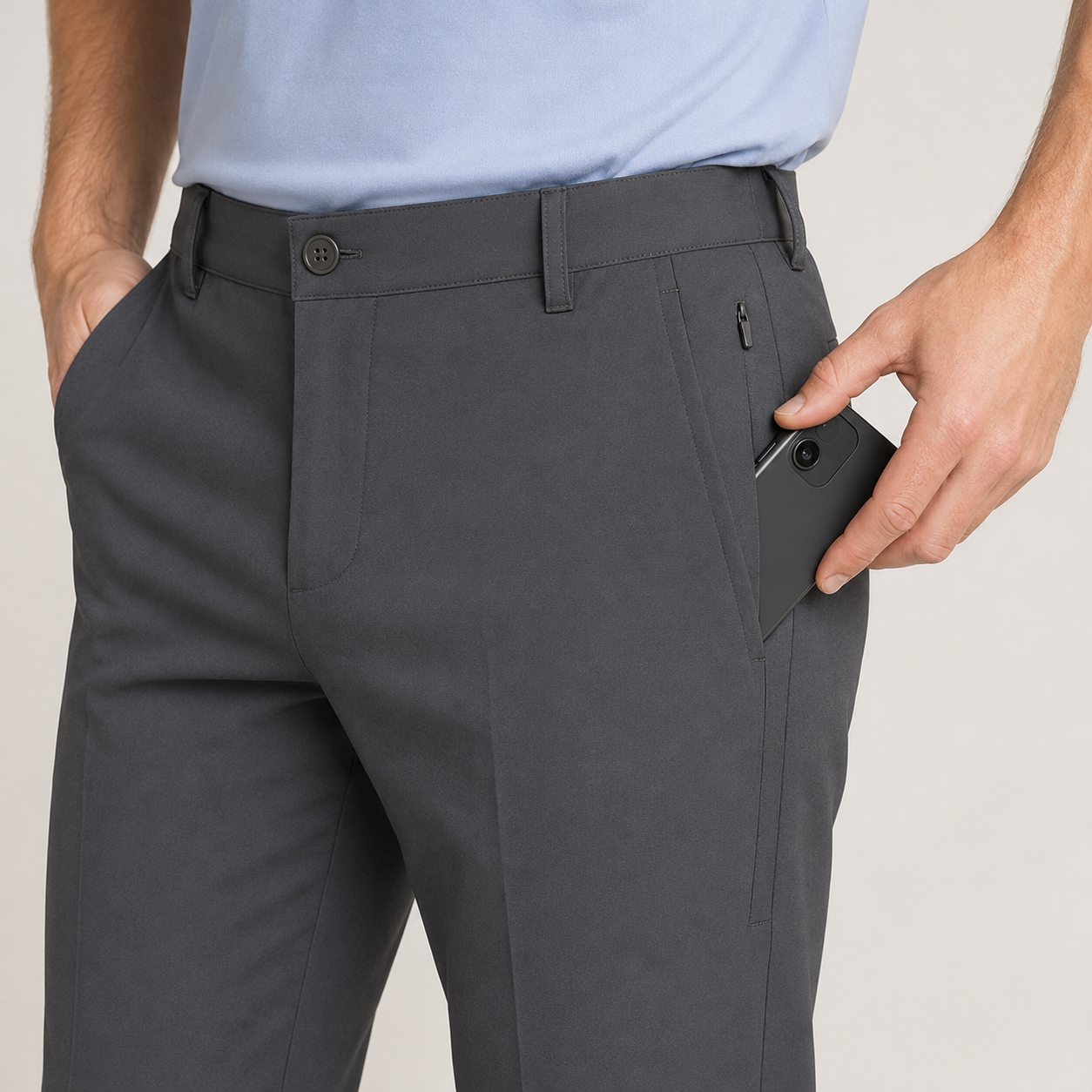 Men's cool-stretch golf pants concealed vertical zip security pocket close-up