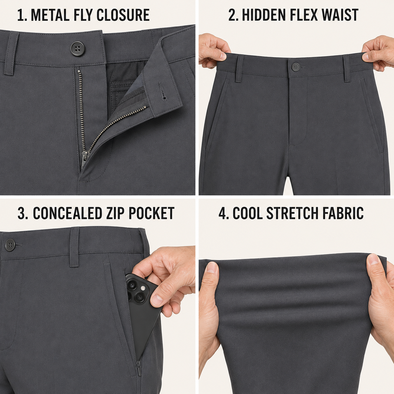 Men's cool-stretch golf pants fly hidden flex waist concealed pocket and stretch details