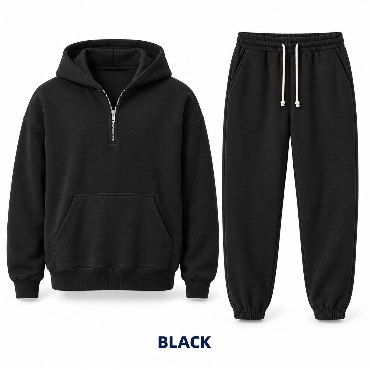 Black unisex half-zip hoodie and sweatpants matching set, single color
