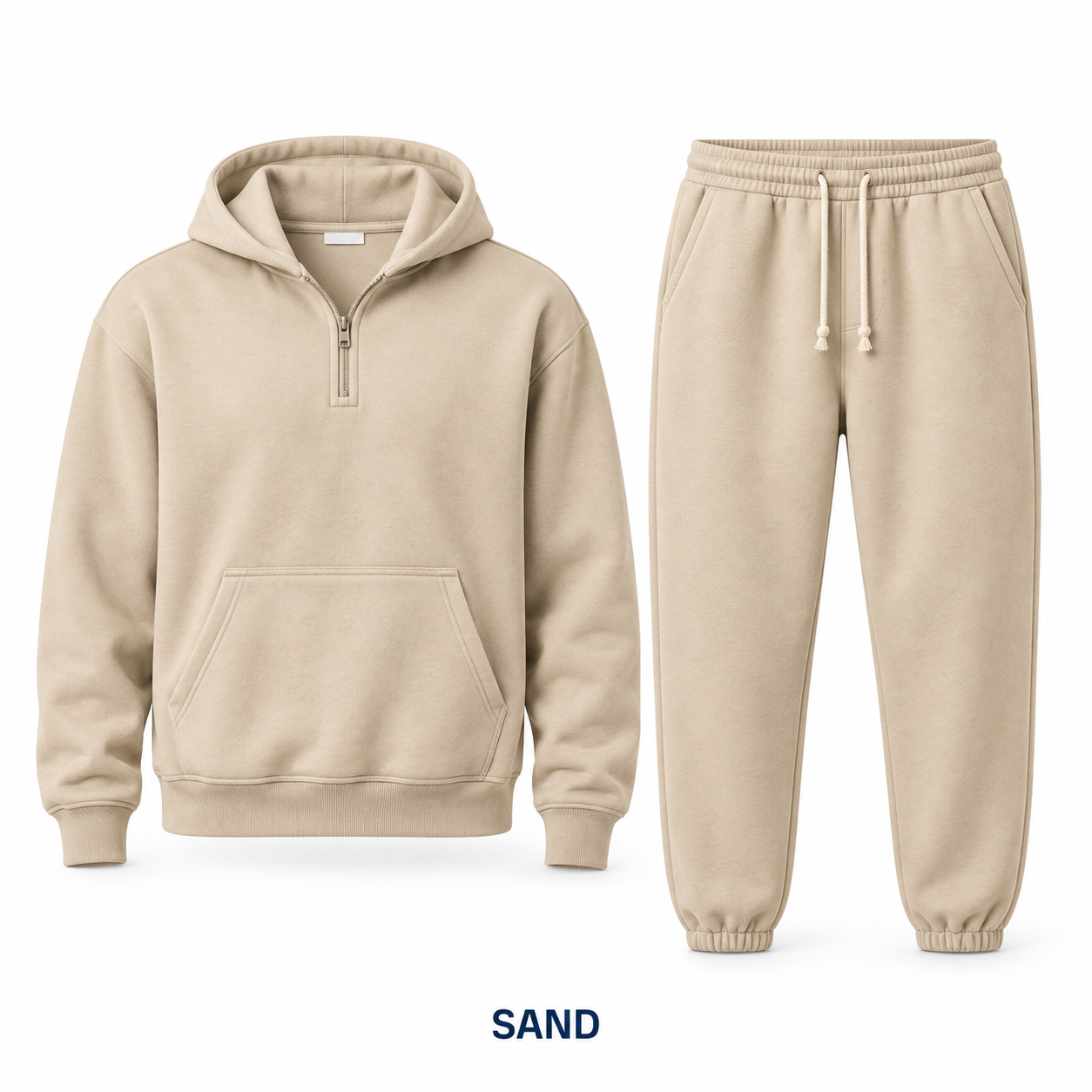 Sand unisex half-zip hoodie and sweatpants matching set, single color
