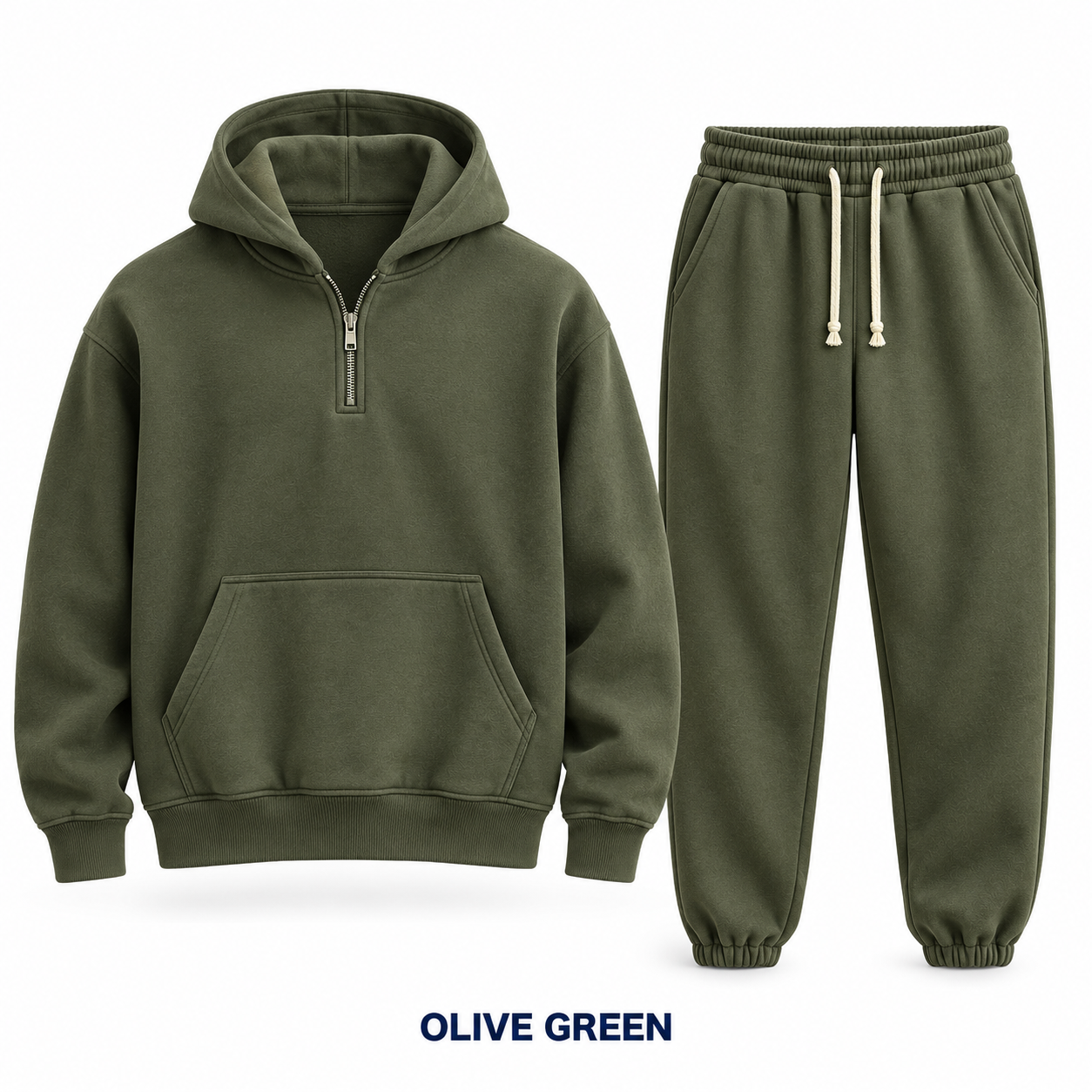 Olive Green unisex half-zip hoodie and sweatpants matching set, single color