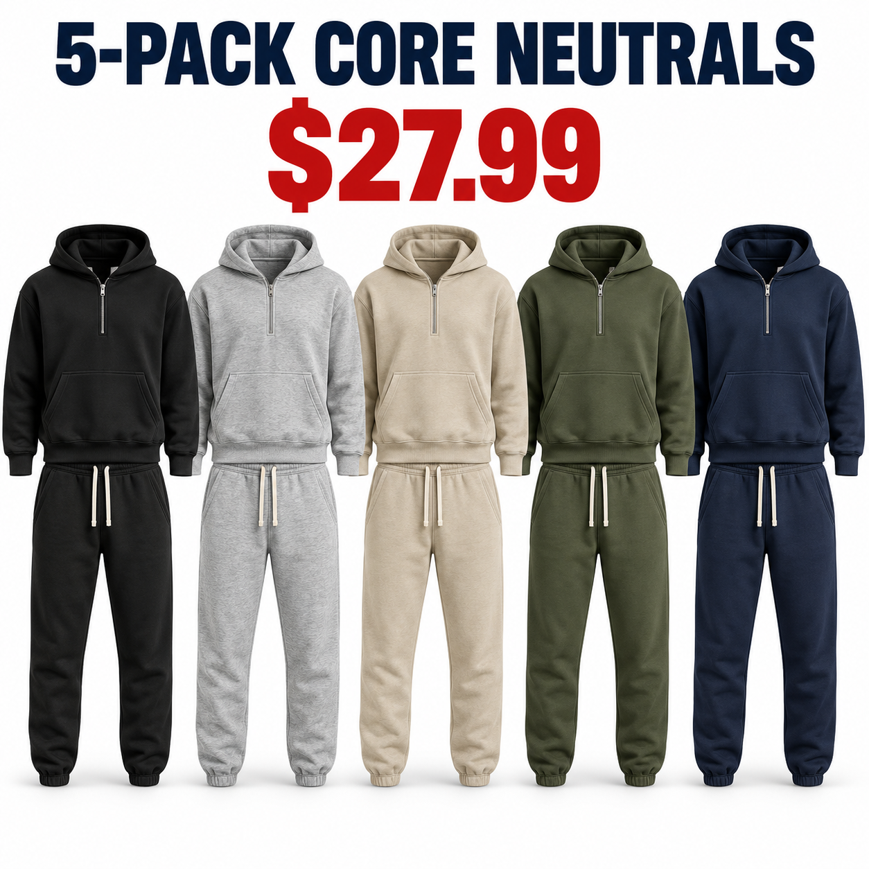 5-Pack Core Neutrals unisex half-zip hoodie and sweatpants sets, Only $27.99