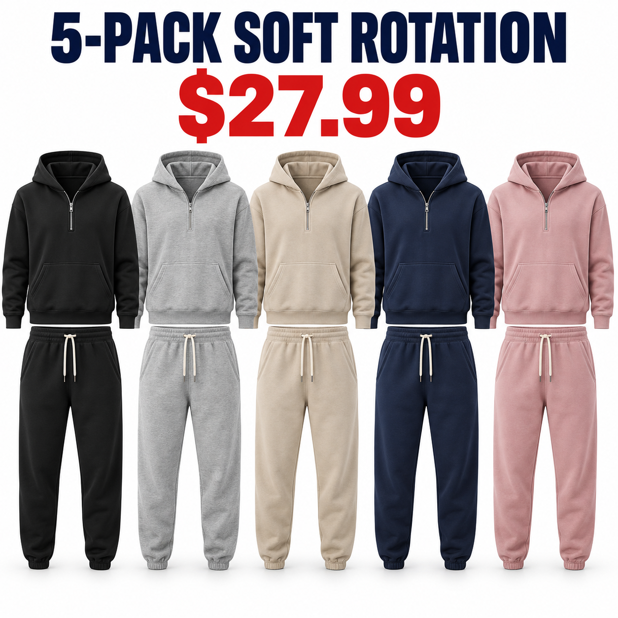 5-Pack Soft Rotation unisex half-zip hoodie and sweatpants sets, Only $27.99